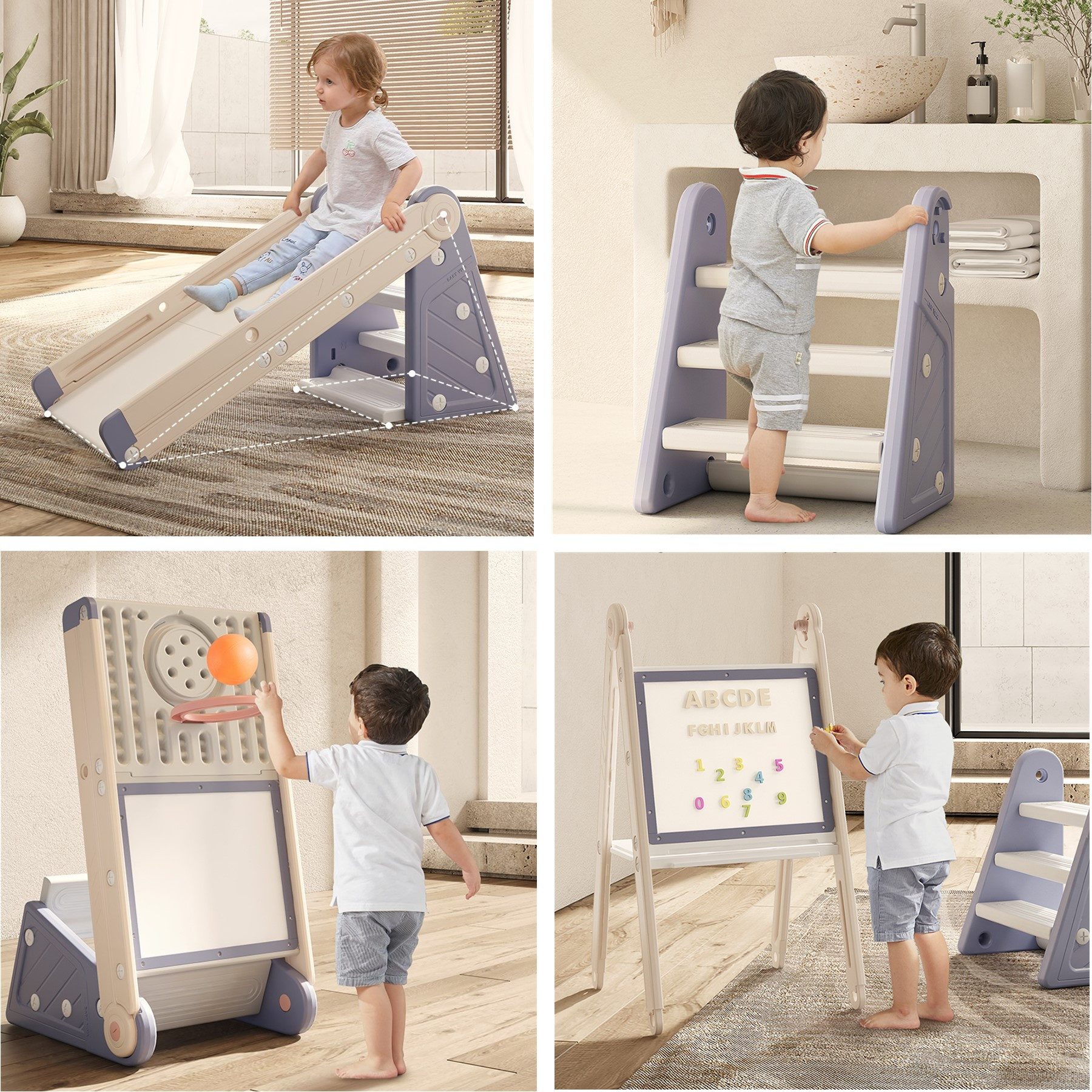 TikTakToo Indoor-Rutsche 4in1 Kleinkindrutsche, Trittleiter, Tafel, Ballspiel, aus hochwertigem HDPE