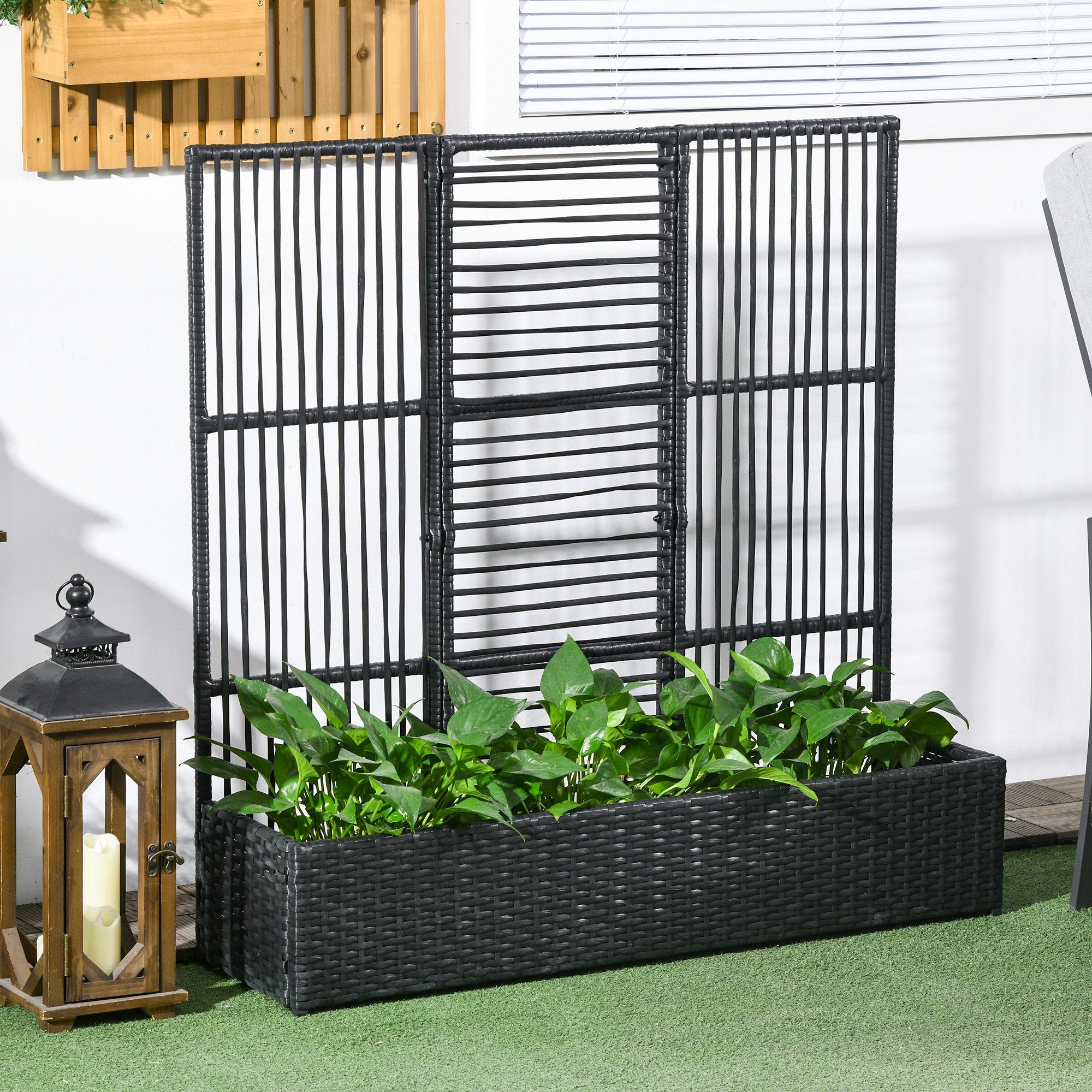 Outsunny Blumenkasten Hochbeet mit Rankgitter in Rattan-Optik Blumenbeet für Balkon (Pflanzkasten, 1 St., Pflanzkübel), für Garten, Terrasse, Schwarz