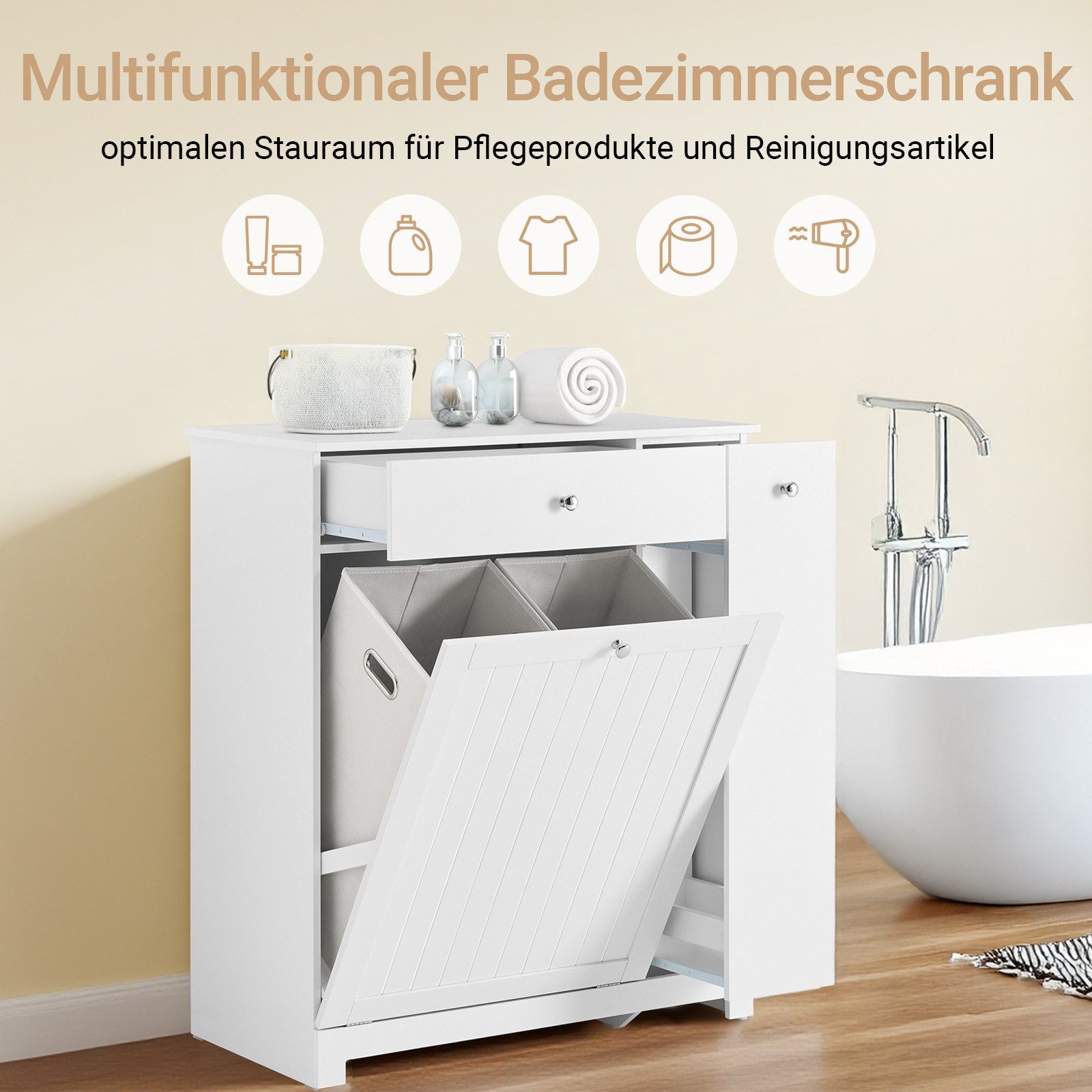 SoBuy Badkommode BZR214, Badschrank Wäscheschrank mit 2 Wäschekörben, Badezimmerschrank, Badmöbel mit Schublade, Wäschekörben, Ausziehfach, Hochschrank schmal
