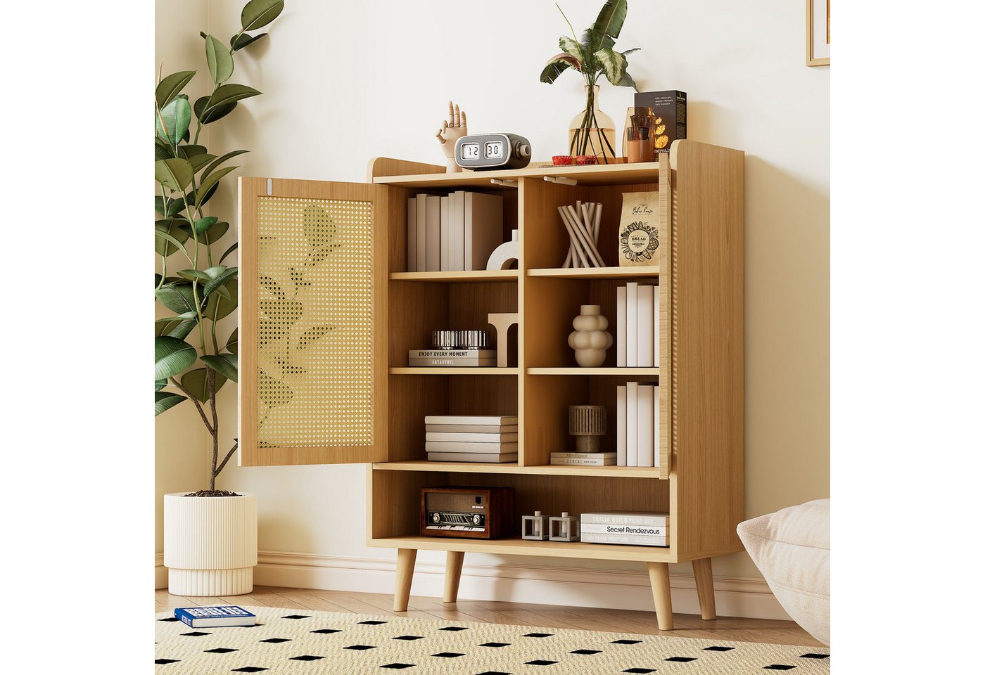 i@home Sideboard Schuhschrank aus natürlichem Rattan, Schuhkommode Schuhregal (mit 2 Türen und 5 Regalböden, für den Flur, Mit Holzgriffen und Massivholzbeinen.B80/H105/T35cm), Push-to-Open-Mechanismus, Kindersicher, Rattan