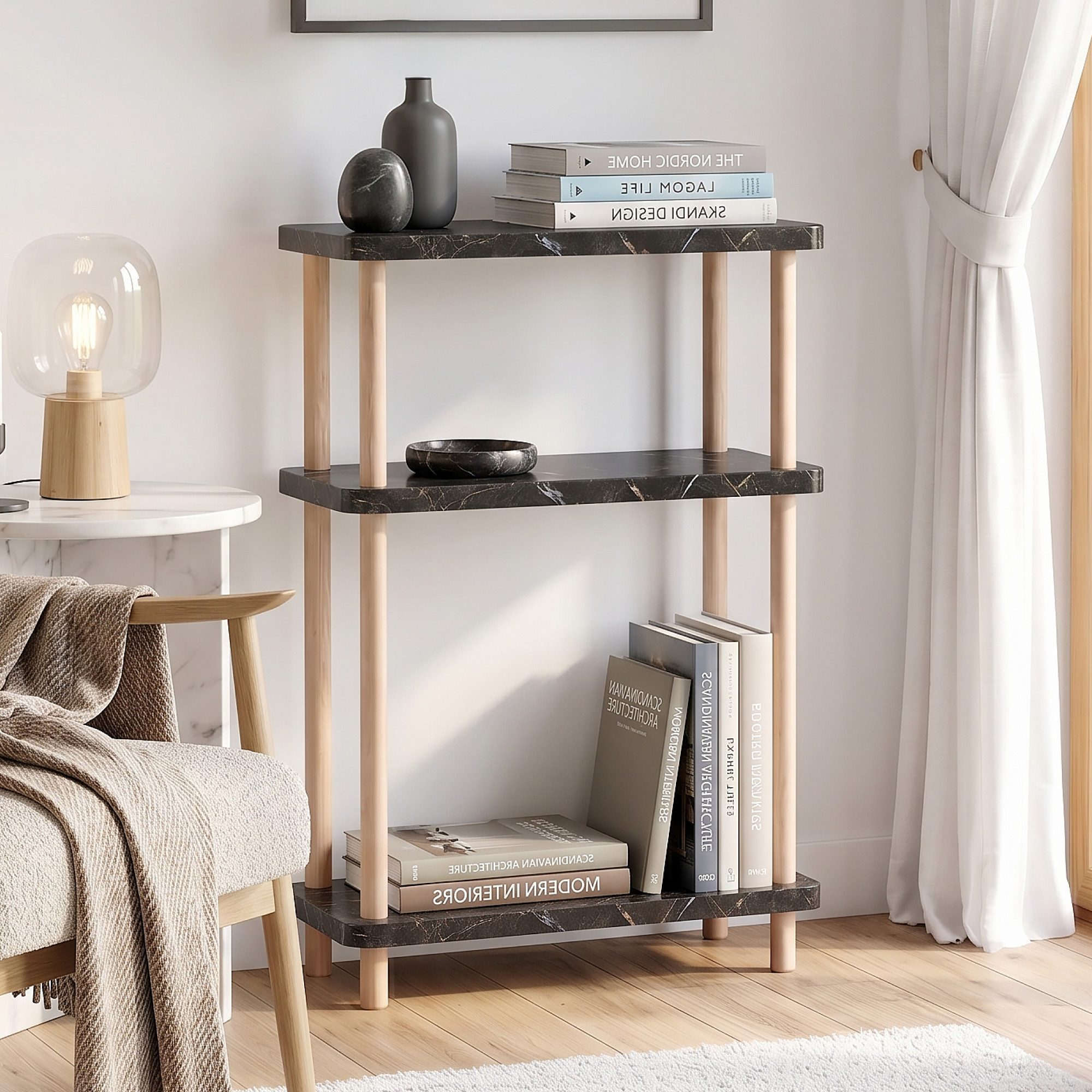 en.casa Standregal, »Nampernu« mit 3 Ebenen 62x40x18 cm Marmoroptik, schwarz
