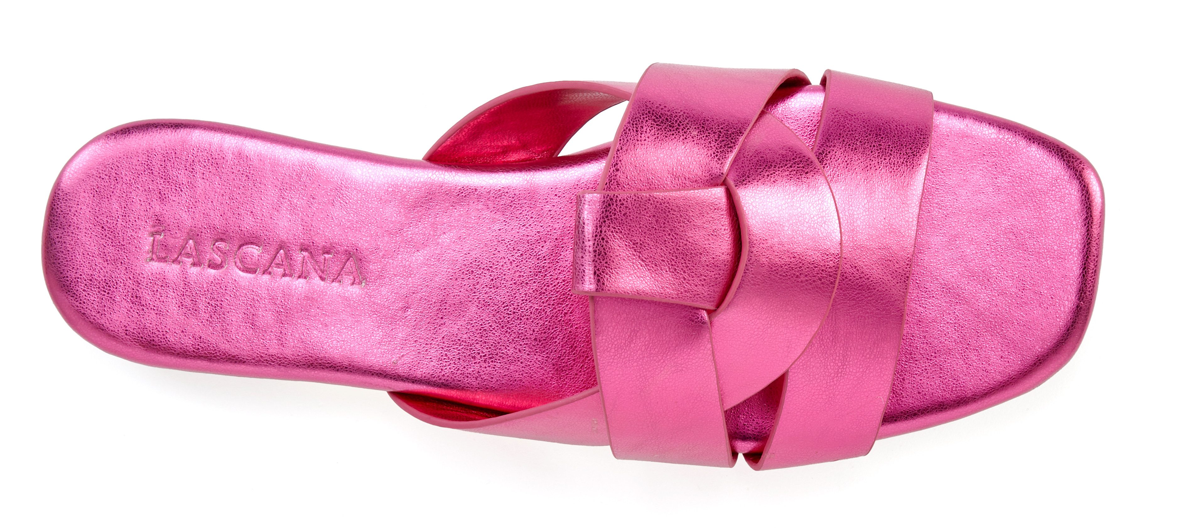 LASCANA Mule, Sommerschuh, offener Schuh, Sandale, Pantolette im modischen Metallic Look mit raffinierten Riemchen VEGAN