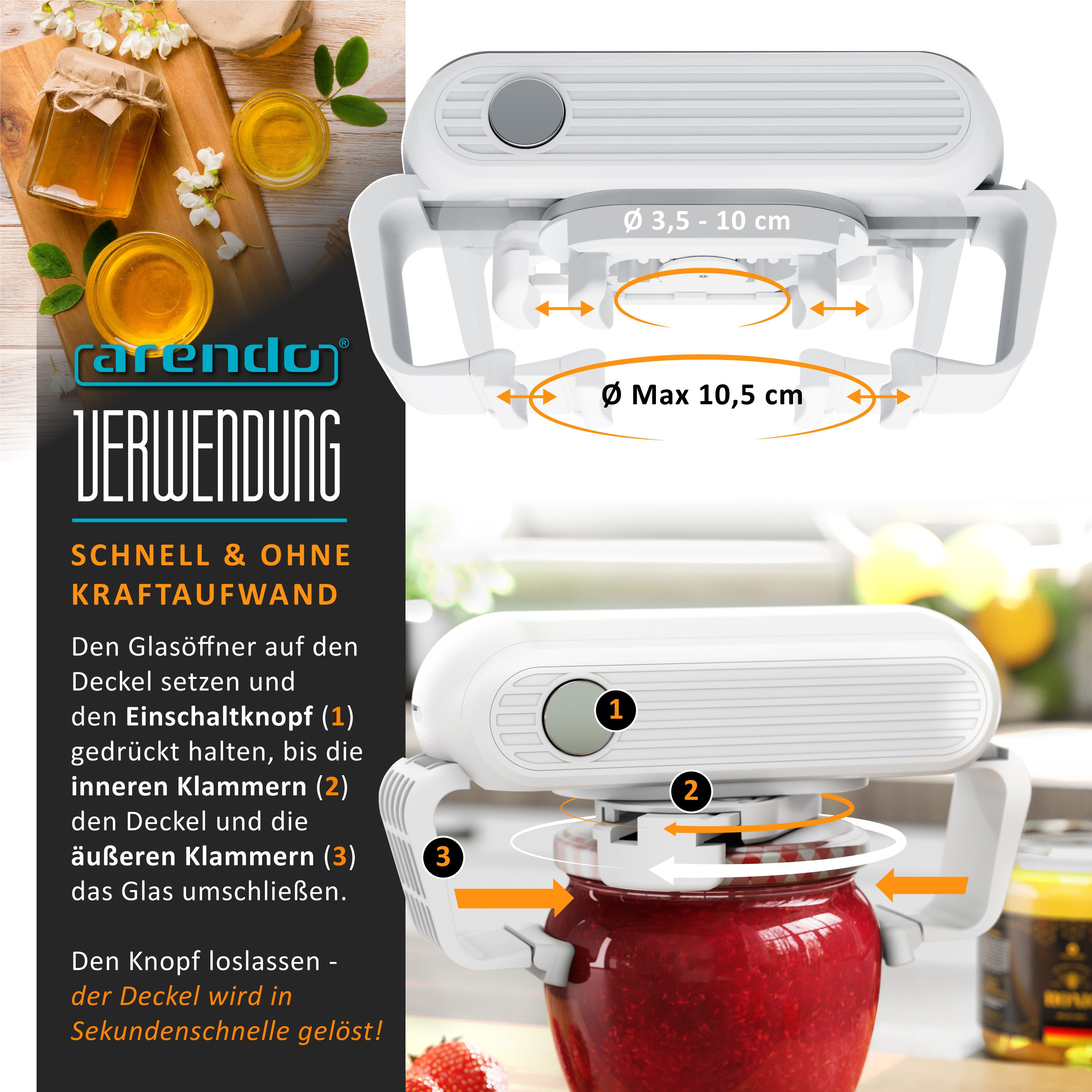 Arendo Elektrischer Dosenöffner Deckelöffner für versiegelte Gläser, Automatischer Glasöffner, Küchenhelfer, Freihändiger Schraubdeckelöffner für 3,5 bis 10 cm Ø
