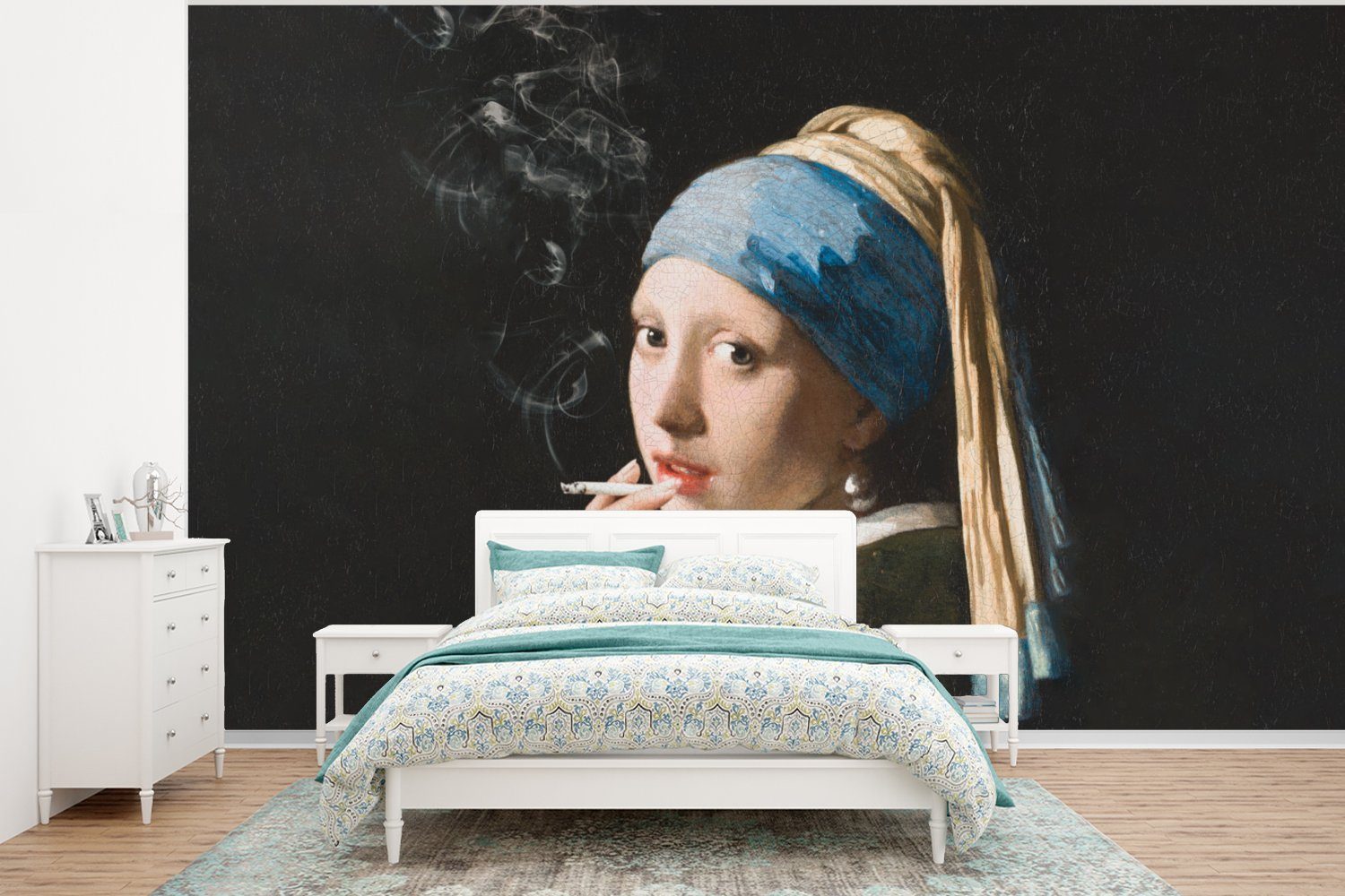 MuchoWow Fototapete Das Mädchen mit dem Perlenohrring - Vermeer - Zigarette, Matt, bedruckt, (6 St), Wallpaper für Wohnzimmer, Schlafzimmer, Kinderzimmer, Vinyl Tapete