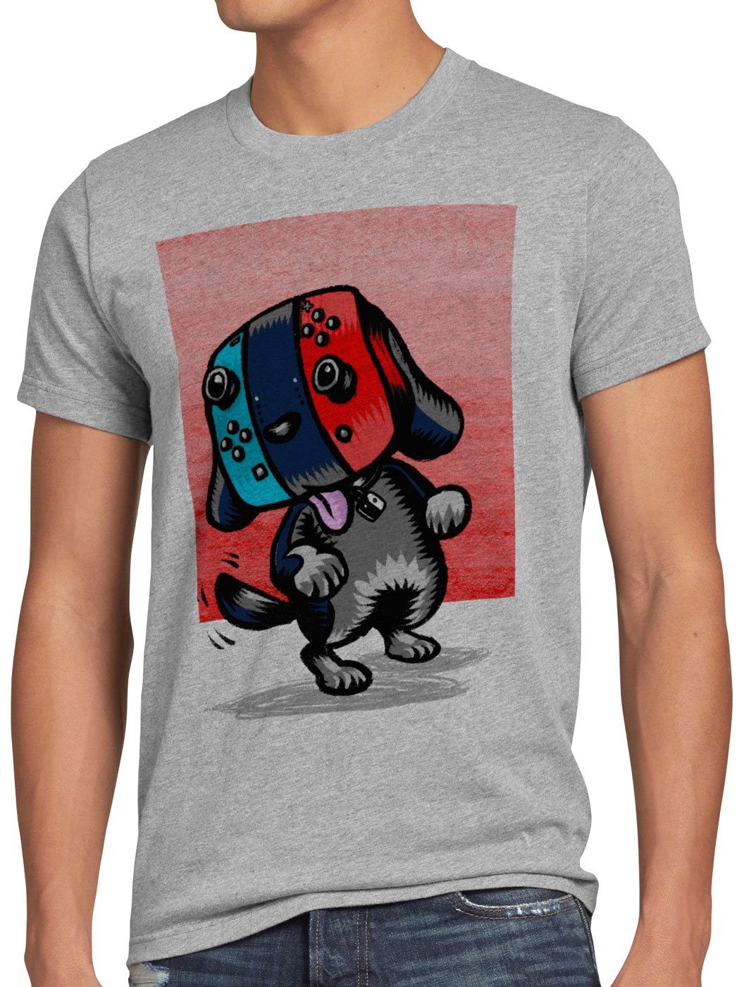 style3 Print-Shirt Herren T-Shirt Switch Hund pro gamer konsole joy-con grau meliert
