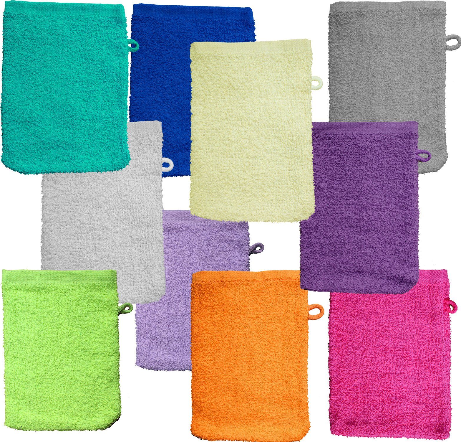 KH-Haushaltshandel Waschhandschuh Waschhandschuh Frottier, versch.Farben sortiert, 100%Baumwolle, (Sparset, 10-St), Aufhängekordel
