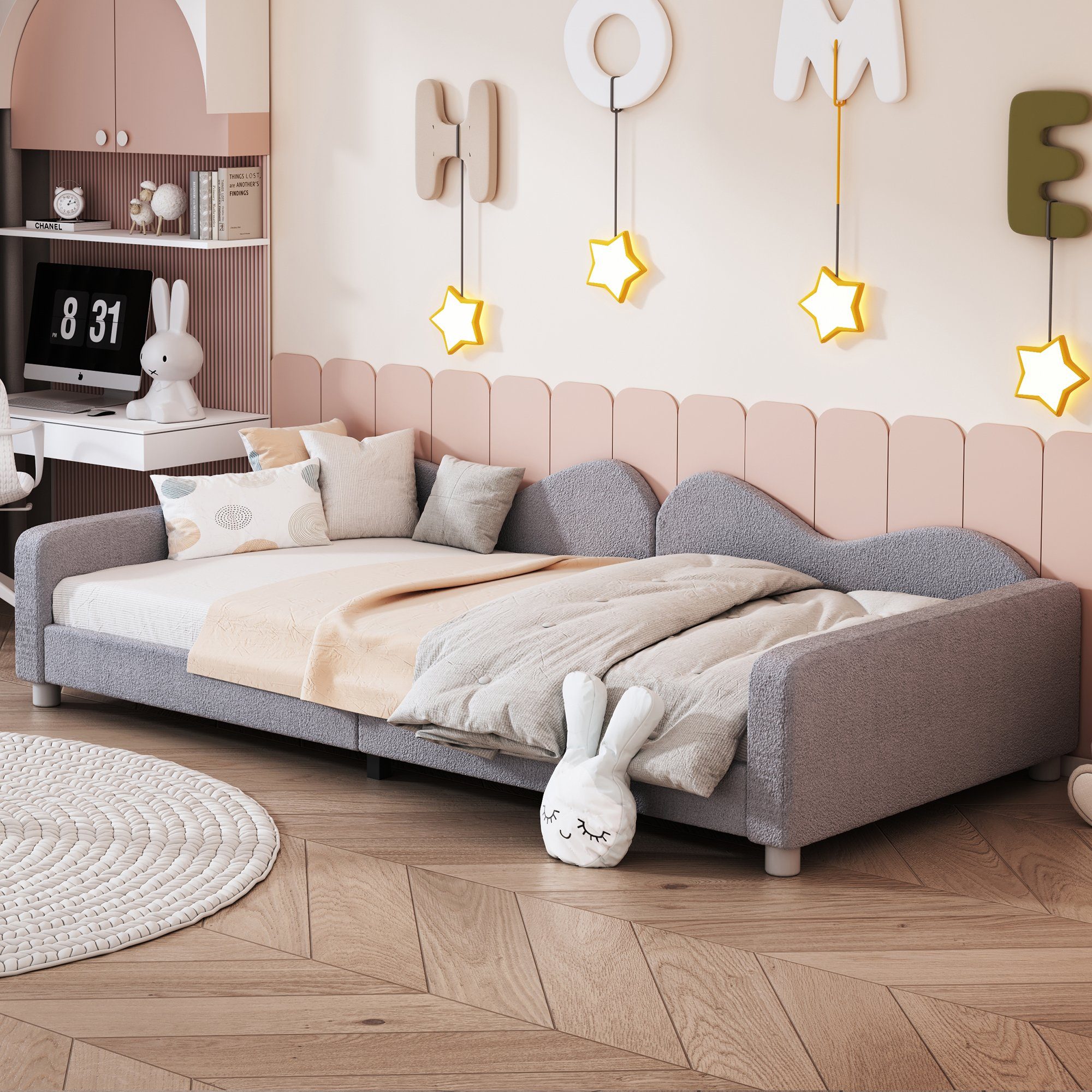 Polsterbett, Kinderbett Schlafsofa mit Lattenrost 90x200cm, Teddystoff