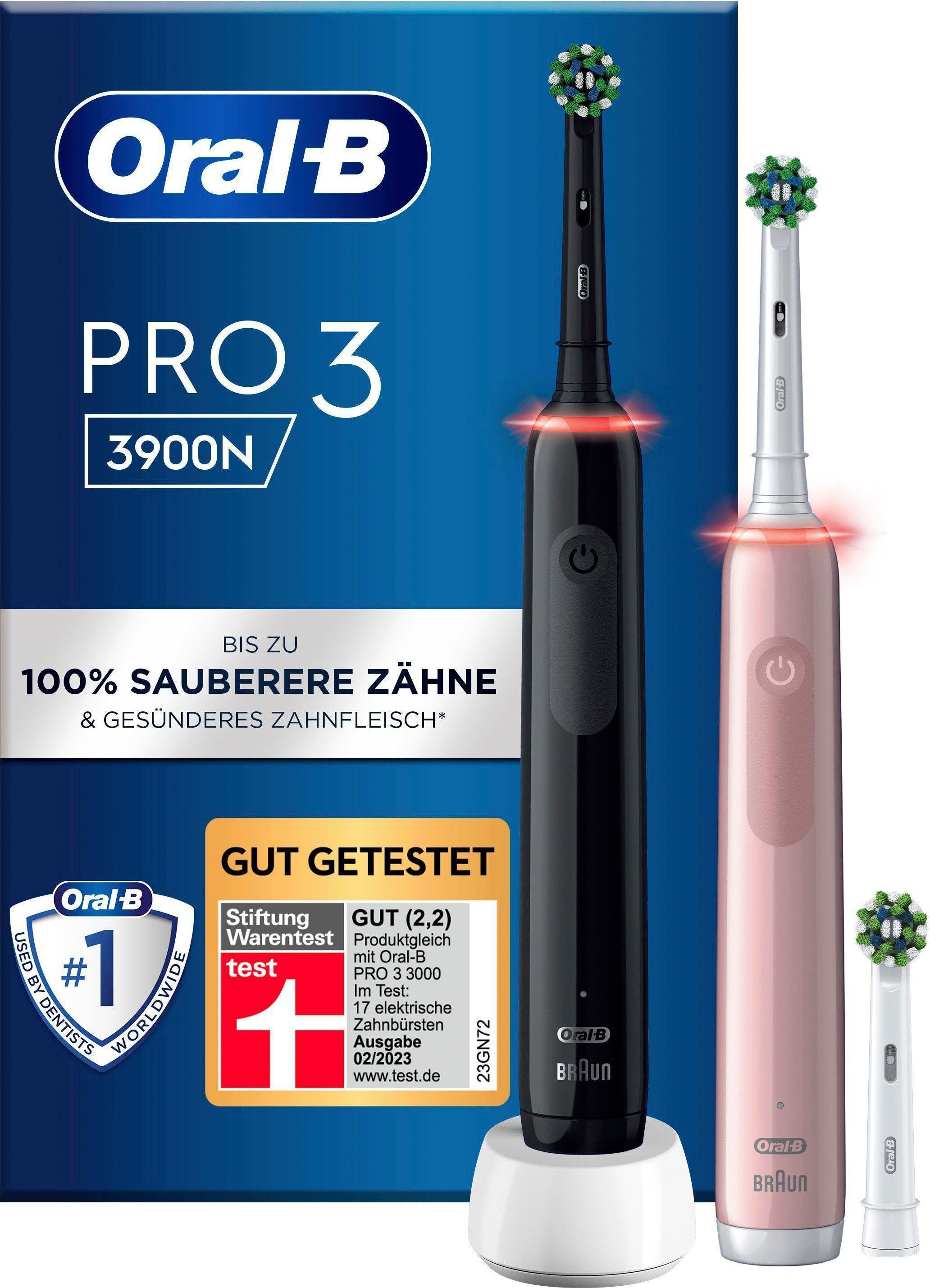 Oral-B Elektrische Zahnbürste Pro 3 3900, Aufsteckbürsten: 3 St., Doppelpack 3 Putzmodi Schwarz/Pink | Elektrische Zahnbürsten