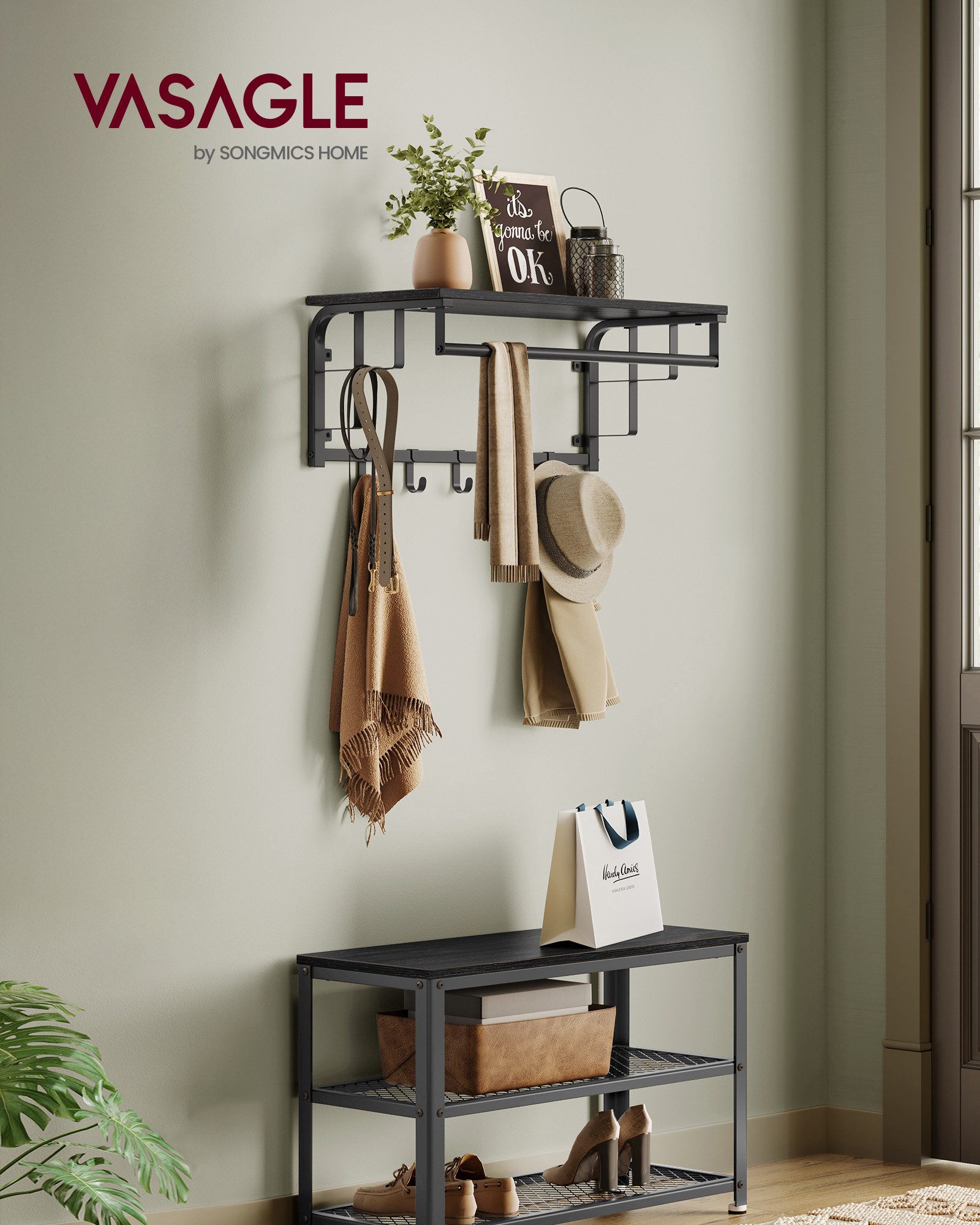 VASAGLE Wandgarderobe mit Ablage, Wandregal, mit 5 abnehmbaren Hakenfür Flur, Schlafzimmer, wandmontiertes Hängeregal mit Hängestange, 30 x 66 x 27 cm
