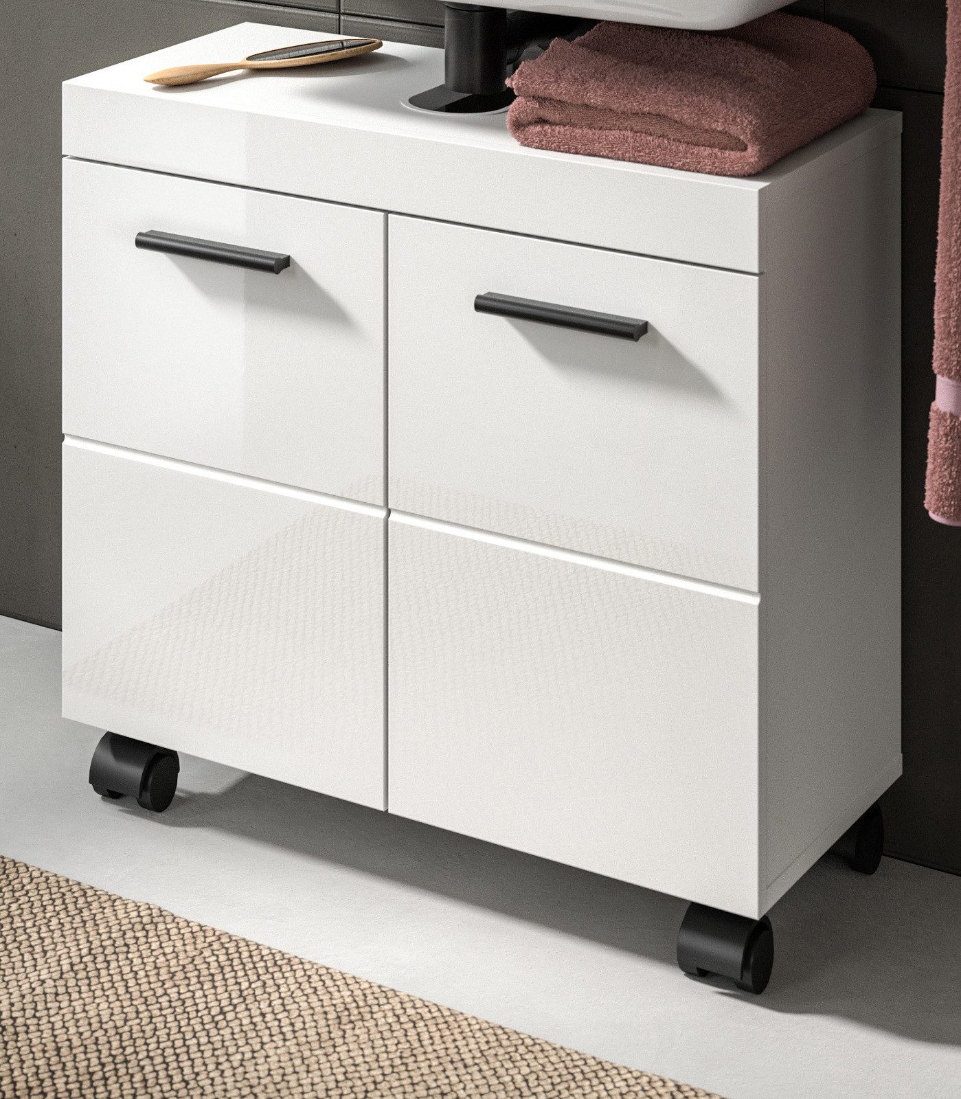Inn.Furn Waschbeckenunterschrank Talerno (Badschrank in Weiß Hochglanz, auf Rollen, 60 x 58 cm) 2 Fächer