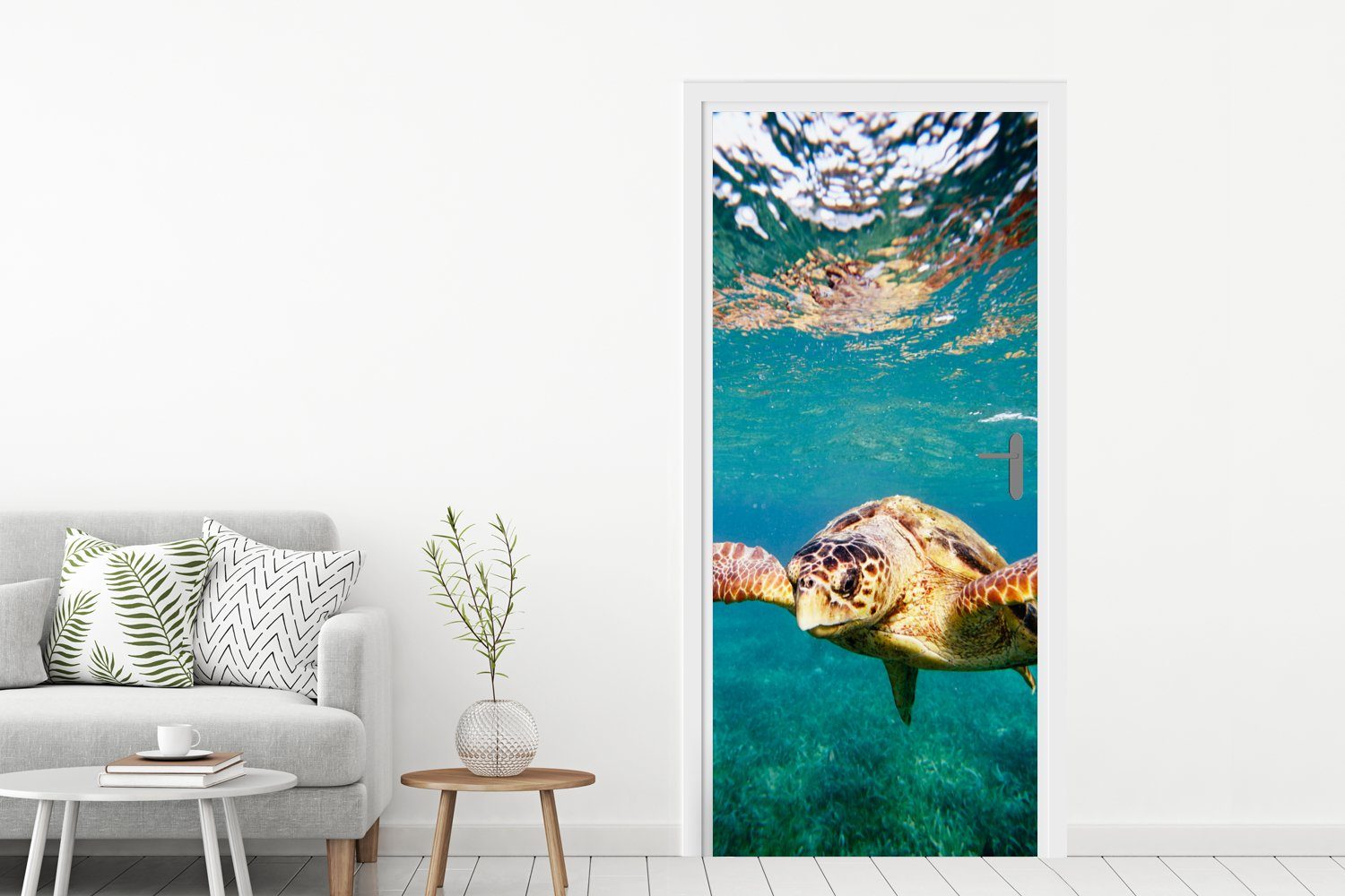 MuchoWow Türtapete Schildkröte Fototapete St), Blau, Tür, (1 für - 75x205 Matt, Wasser bedruckt, Türaufkleber, cm 