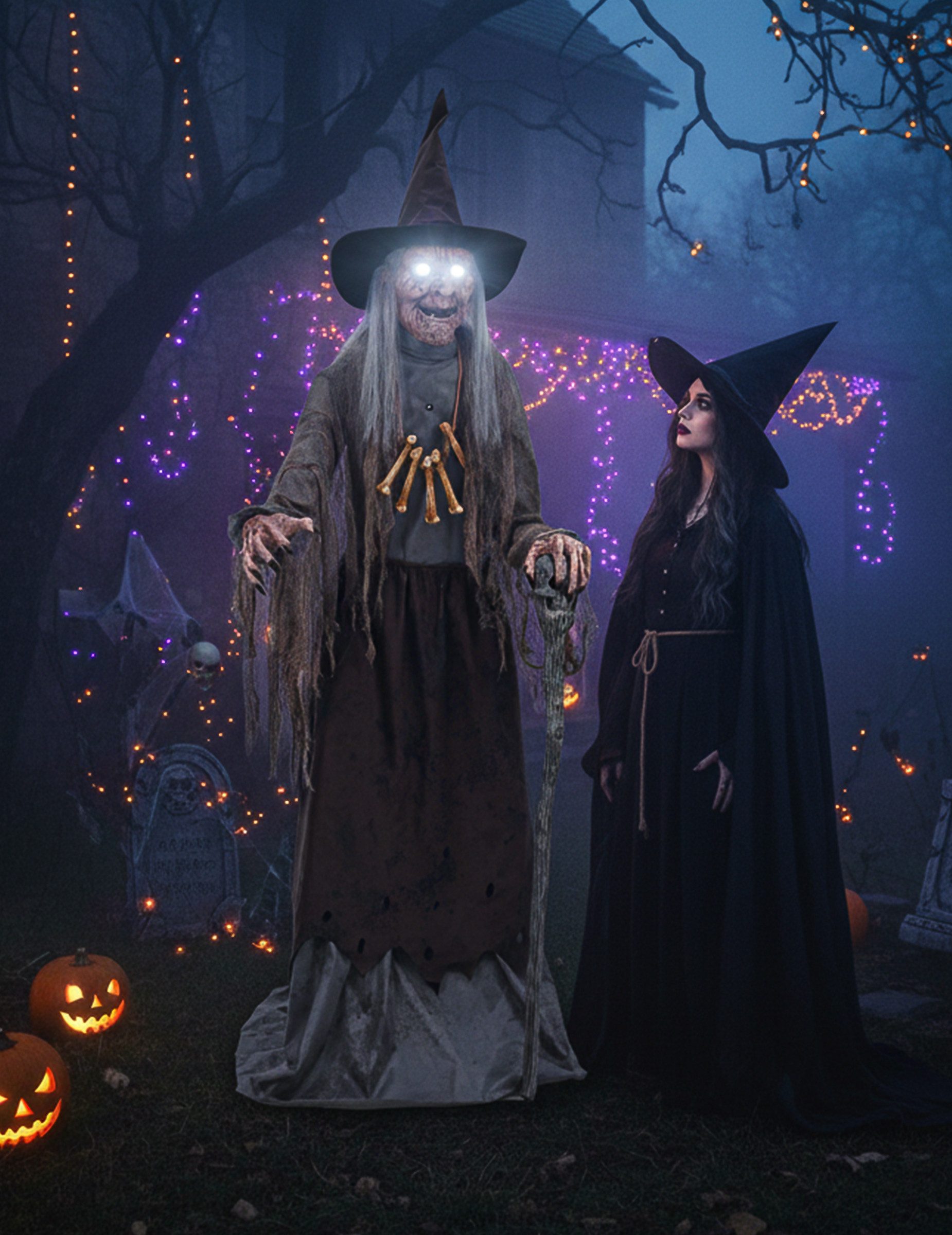 Palmer Hexen-Kostüm Animatronic gruselige Hexe Deko schwarz grau 1,75m