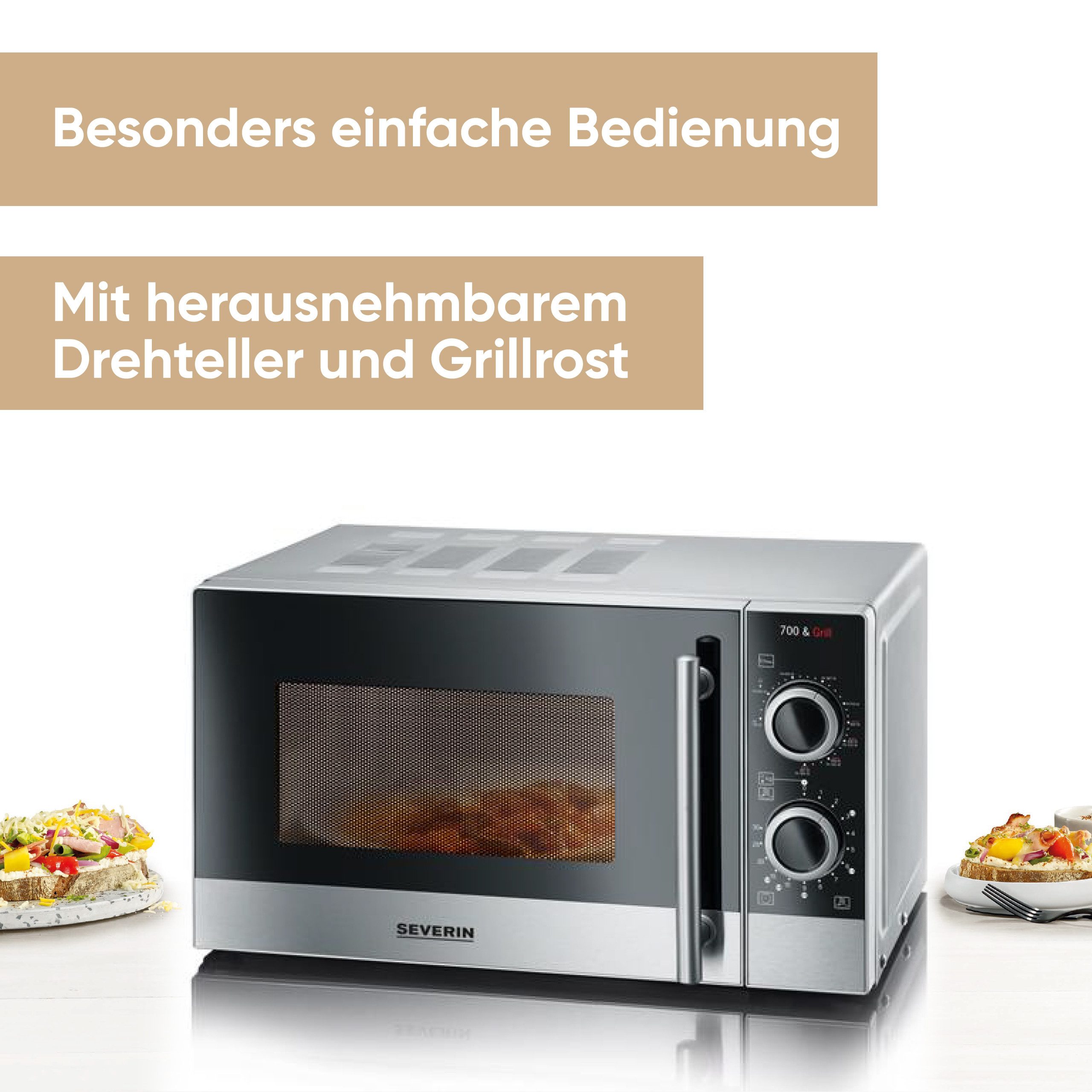 Severin Mikrowelle MW 7874 Mikrowelle mit Grillfunktion 2-in-1, elektrisch, Grillfunktion, 700W, 9 Automatikprogramme, Rost, Drehteller, Edelstahl