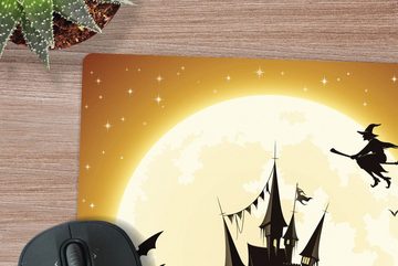 MuchoWow Gaming Mauspad Eine Illustration einer Hexe, die zu Halloween über ein Schloss fliegt (1-St), Mousepad mit Rutschfester Unterseite, Gaming, 40x40 cm, XXL, Großes