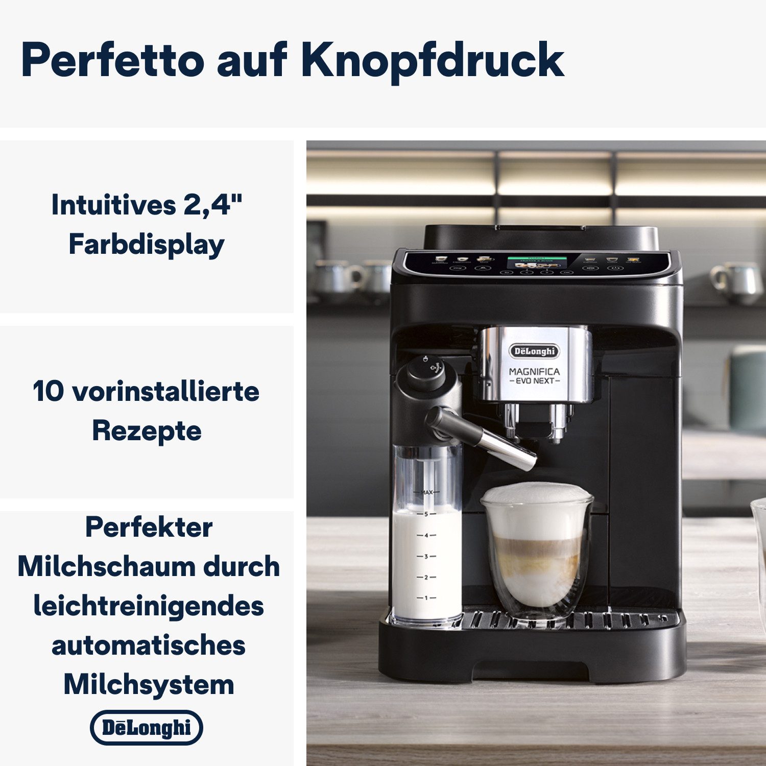 De'Longhi Kaffeevollautomat Magnifica Evo Next ECAM310.60.B - Barista-Genuss per Touch, schwarz, MyLatteFunktion, 3 Benutzerprofile, LatteCrema Milchsystem, 10 Rezepte