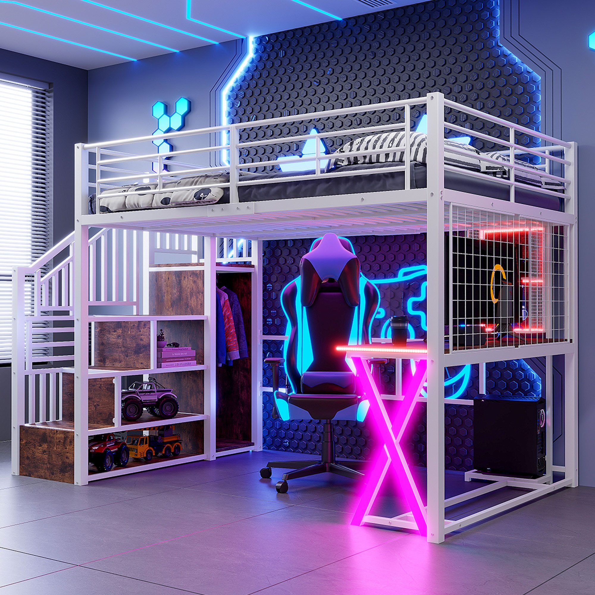 Flieks Hochbett LED Metallbett 140x200 mit Schreibtisch Kleiderschrank Stau günstig online kaufen