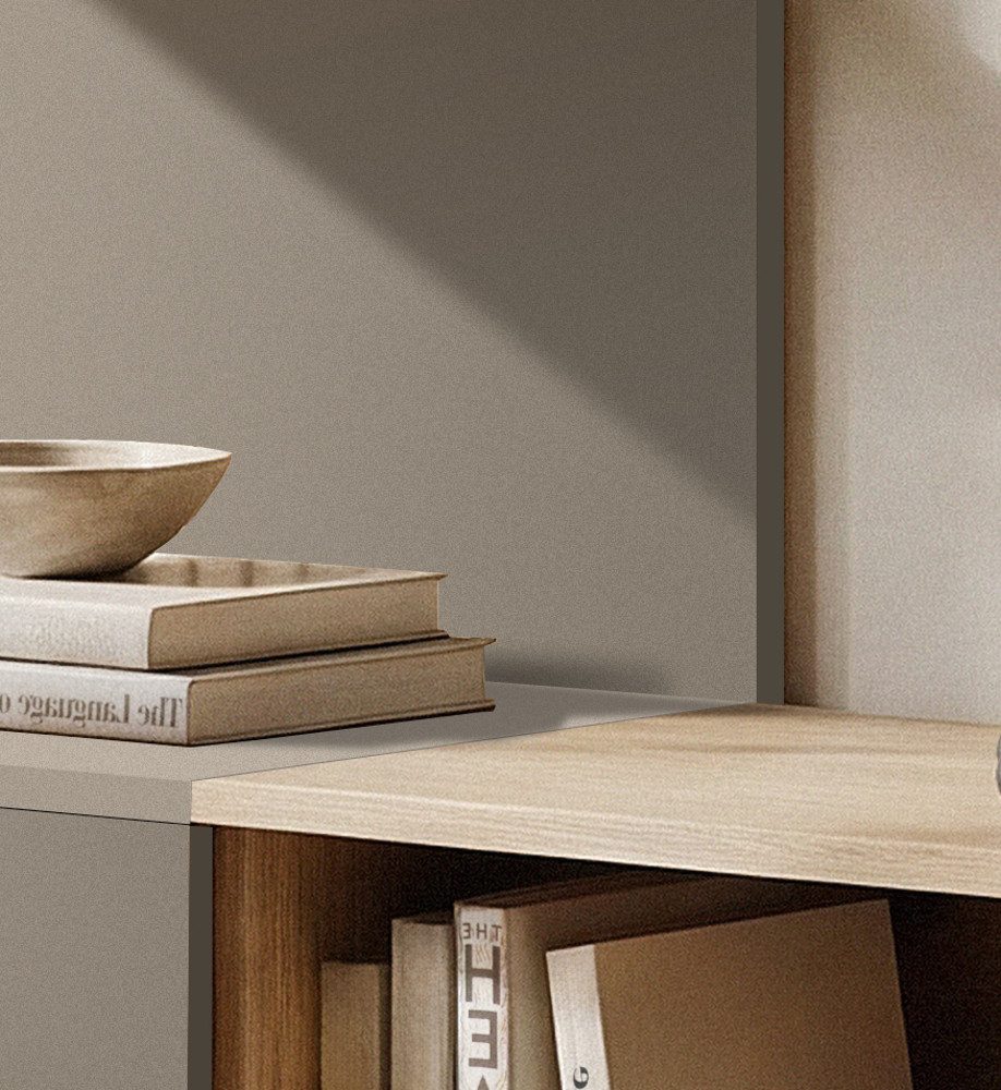 Inn.Furn Lowboard Sense (Set inkl. Wandpaneel mit Regal, 3 St., in Eiche mit Lehm Grau, Breite 180 cm), Soft-Close-Funktion und Push-To-Open