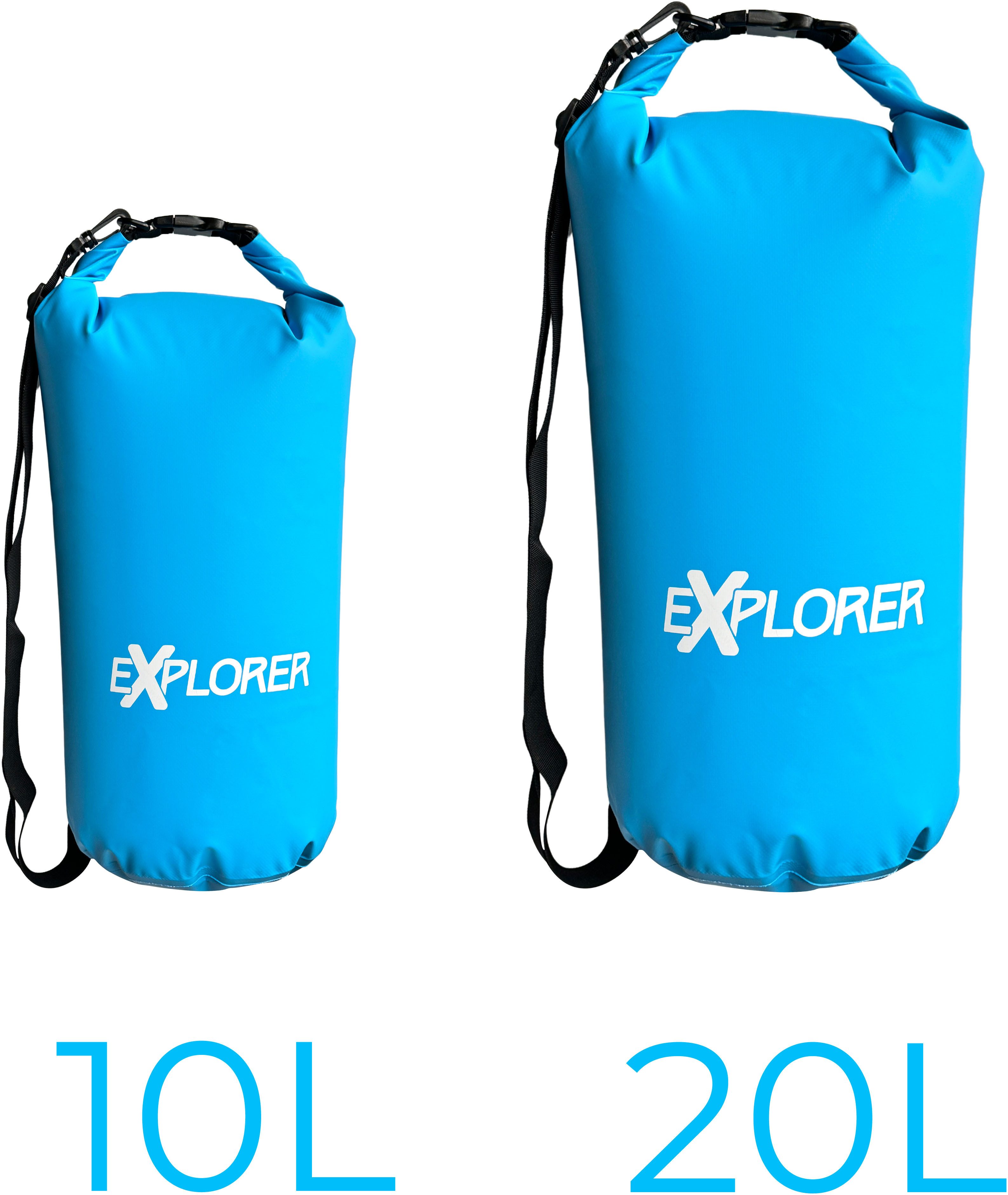 EXPLORER Aufbewahrungstasche Packsack Rollsack 10 L / 20 L wasserdicht, mit Schultergurt (Packung), Rolltop Tasche für Sup Camping Kajak Wandern Angeln Bootfahren Rafting