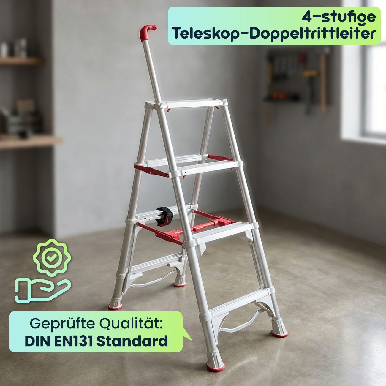 shop'n smile ideoon Teleskopleiter Robuste 4-stufige Doppeltrittleiter: Eine stabile Stehleiter klappbar, für Profis & Heimwerker, Haushaltsleiter bis 4 Stufen – Bild 2 von 5