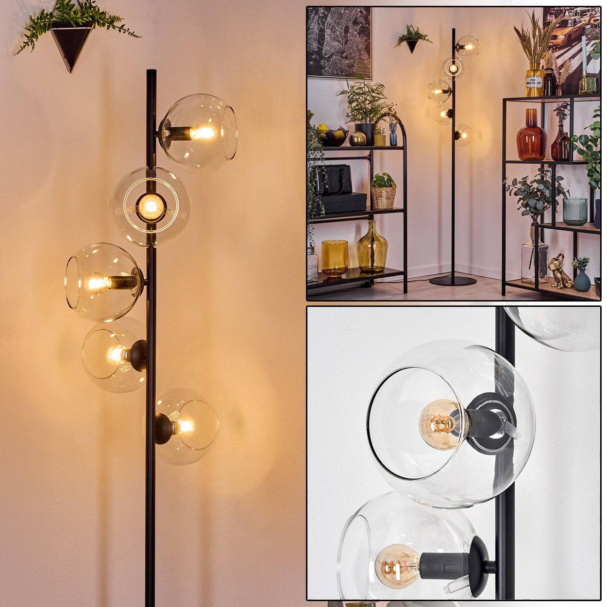 Stehlampe Stehlampe aus Metall/Glas in Schwarz/Klar, Retro/Vintage-Design