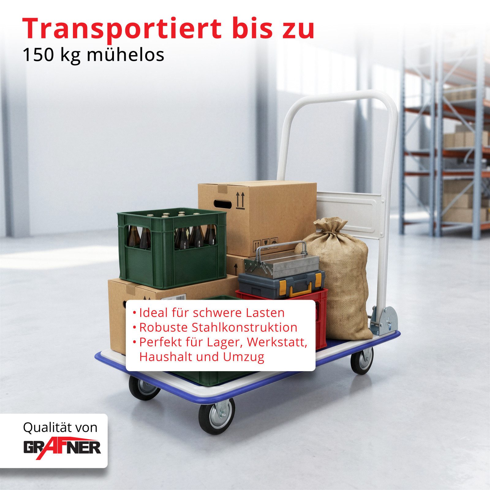 Grafner Transportwagen Grafner® Plattformwagen klappbar Tragkraft 150kg Transportkarre, klappbarer Handgriff, je 2 Block- und Drehrollen