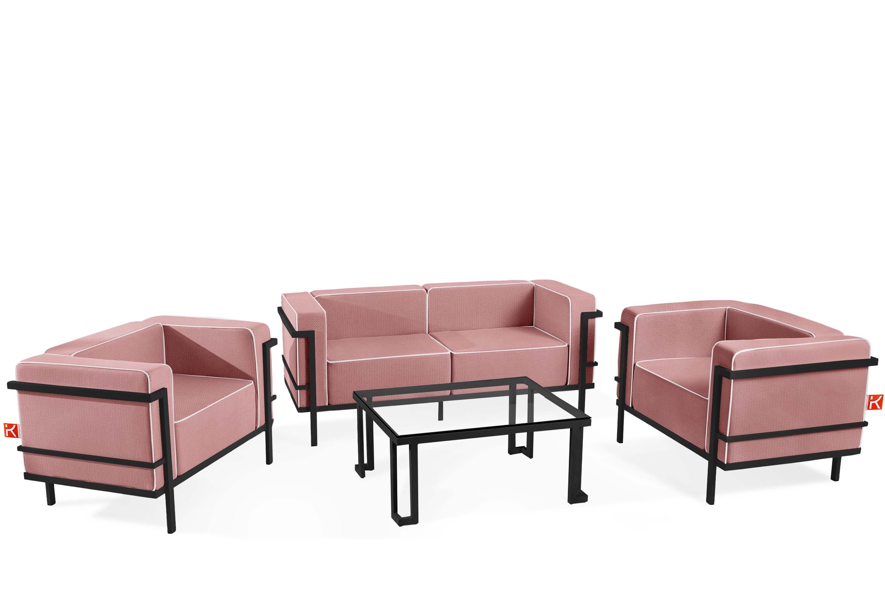 KONSIMO® Gartenlounge-Set TRIGLO Gartenmöbelset hergestellt in der EU, (4-tlg., 1x Tisch, 2x Sessel, 1x Sofa 2-Sitzer), Modern, handgefertigt, Stahlrahmen, mit Auflage