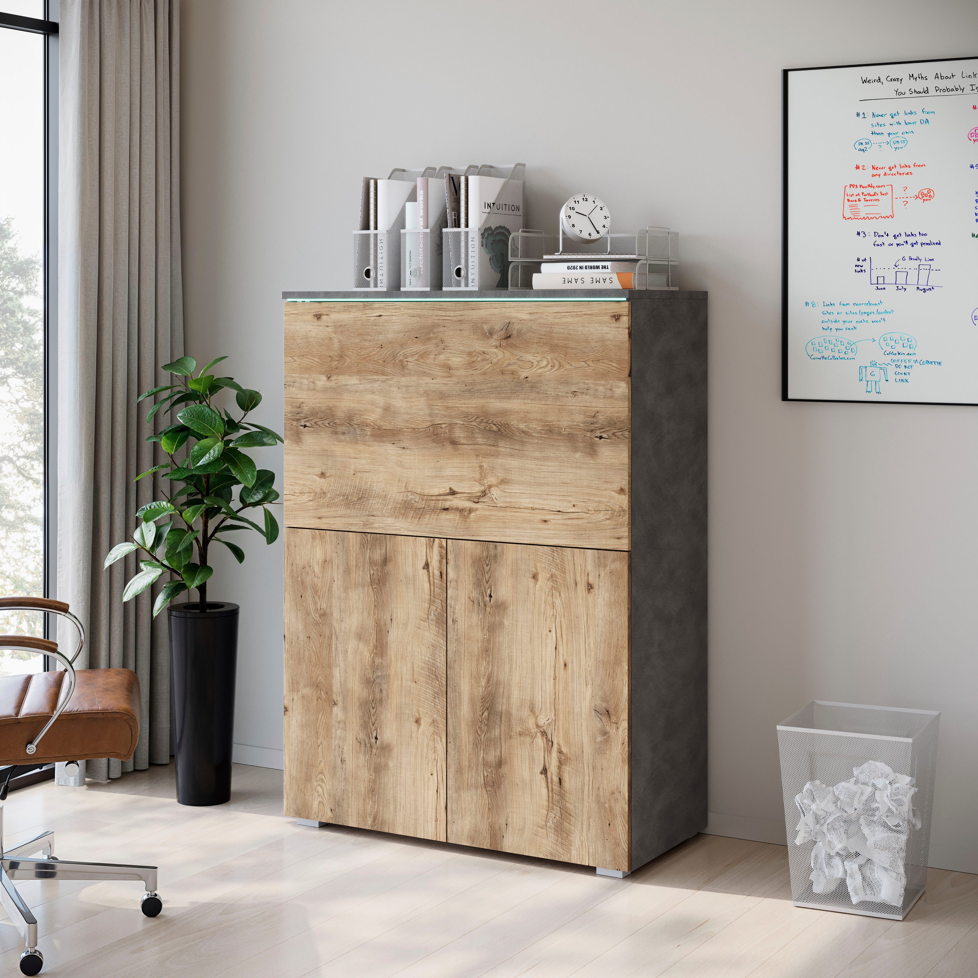 Home affaire PC-Schrank Vera, Sekretär, Home-Office-Schreibtisch mit LED-Beleuchtung (1 St), Multifunktional mit Stauraum, klappbare Tischfläche, LED, B 90 cm