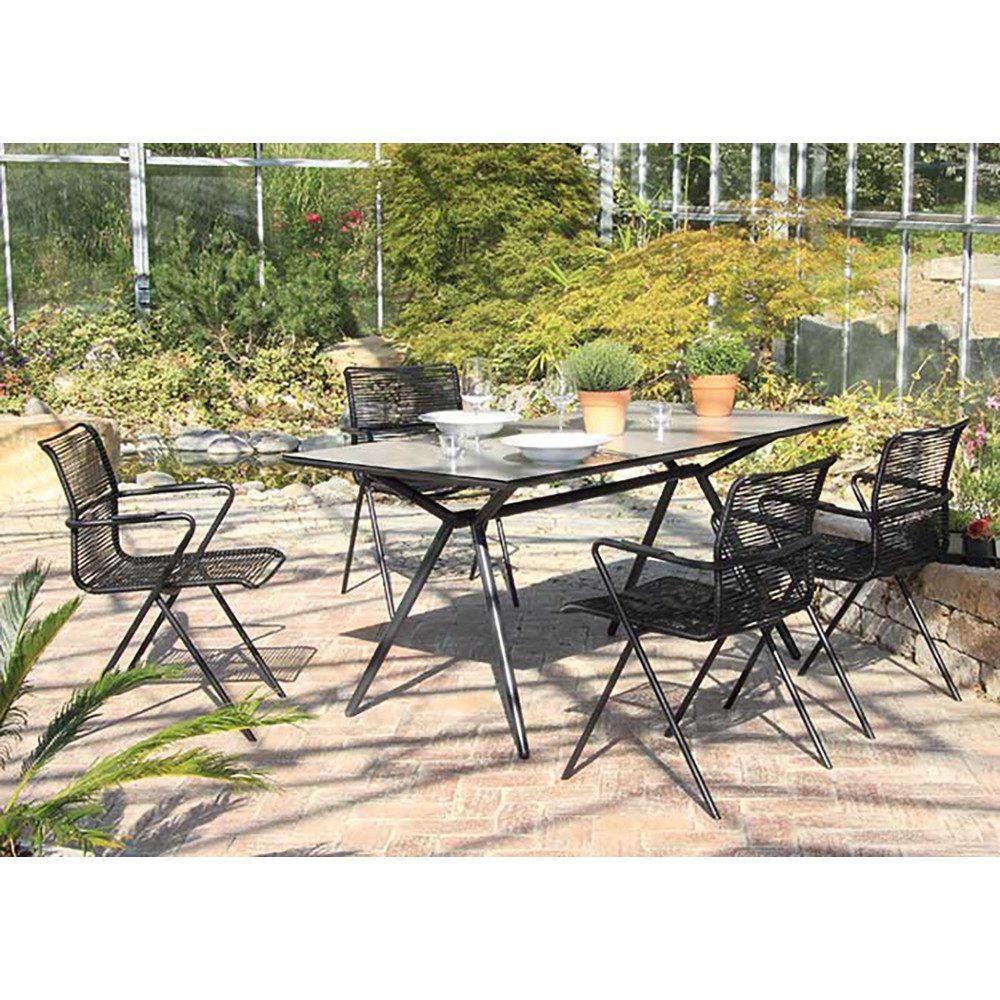 acamp Garten-Essgruppe Stapelsessel Set 5-teilig, Glastisch 160x80 cm, Aluminium Rope, (Spar-Set, 5-tlg., ergonomischer Sitzkomfort wetterfest pflegeleicht inkl Tisch), Aluminium, wetterfest, stapelbar, Sicherheitsglas, Rope-Design
