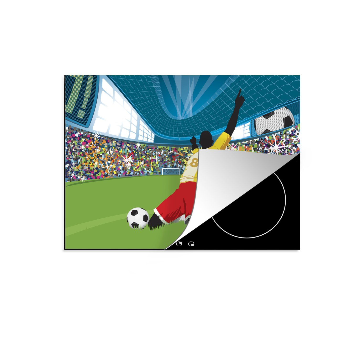 MuchoWow Herdblende-/Abdeckplatte Ein Fußballspieler feiert sein Tor im Fußballstadion, Vinyl, (1 tlg), 70x52 cm, Mobile Arbeitsfläche nutzbar, Ceranfeldabdeckung