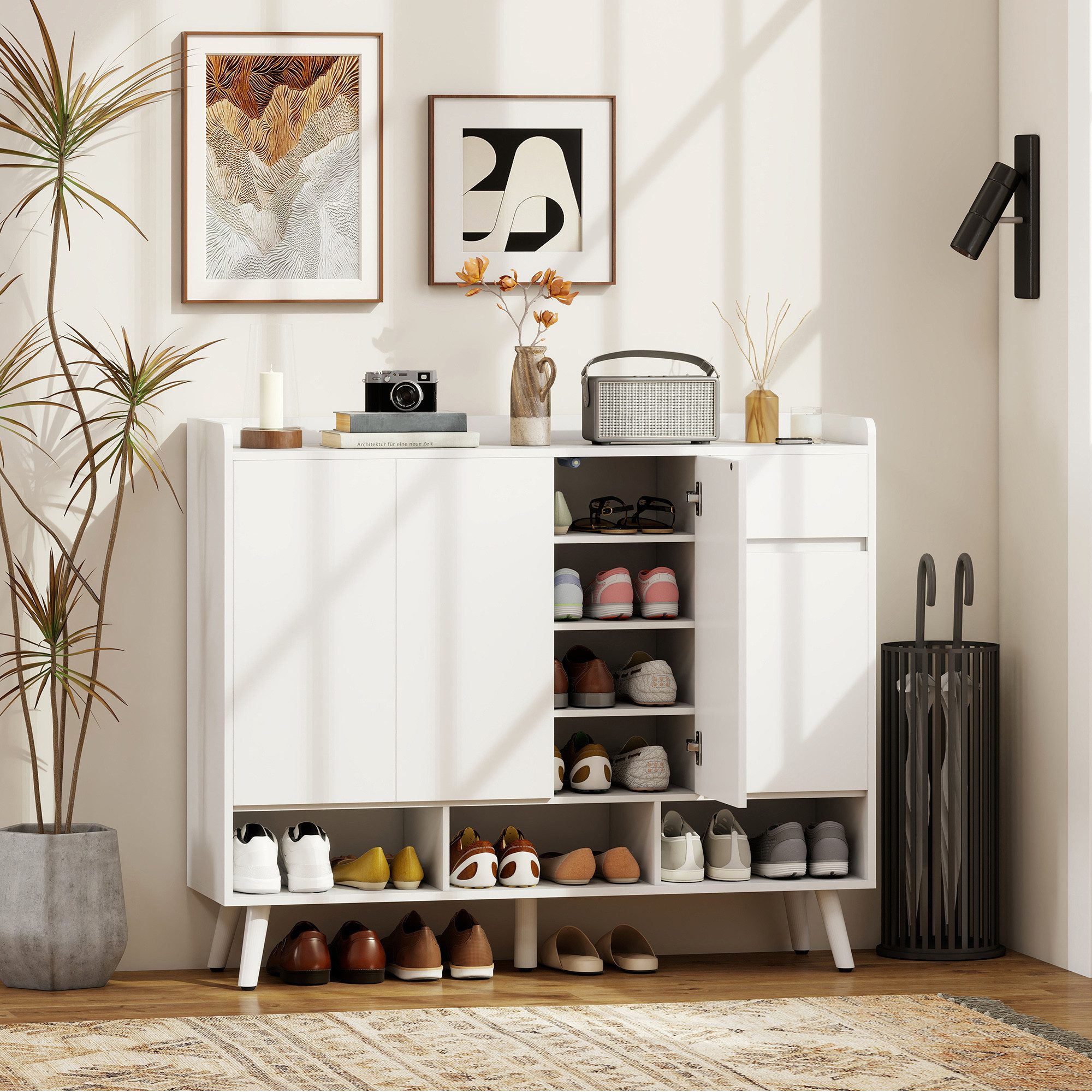HOMCOM Schuhschrank Schuhregal mit 4 Türen, Druck zum Öffnen-Design, Schublade (Schuhkommode, 1-St., Schuhaufbewahrung) verstellbare Regale, Weiß