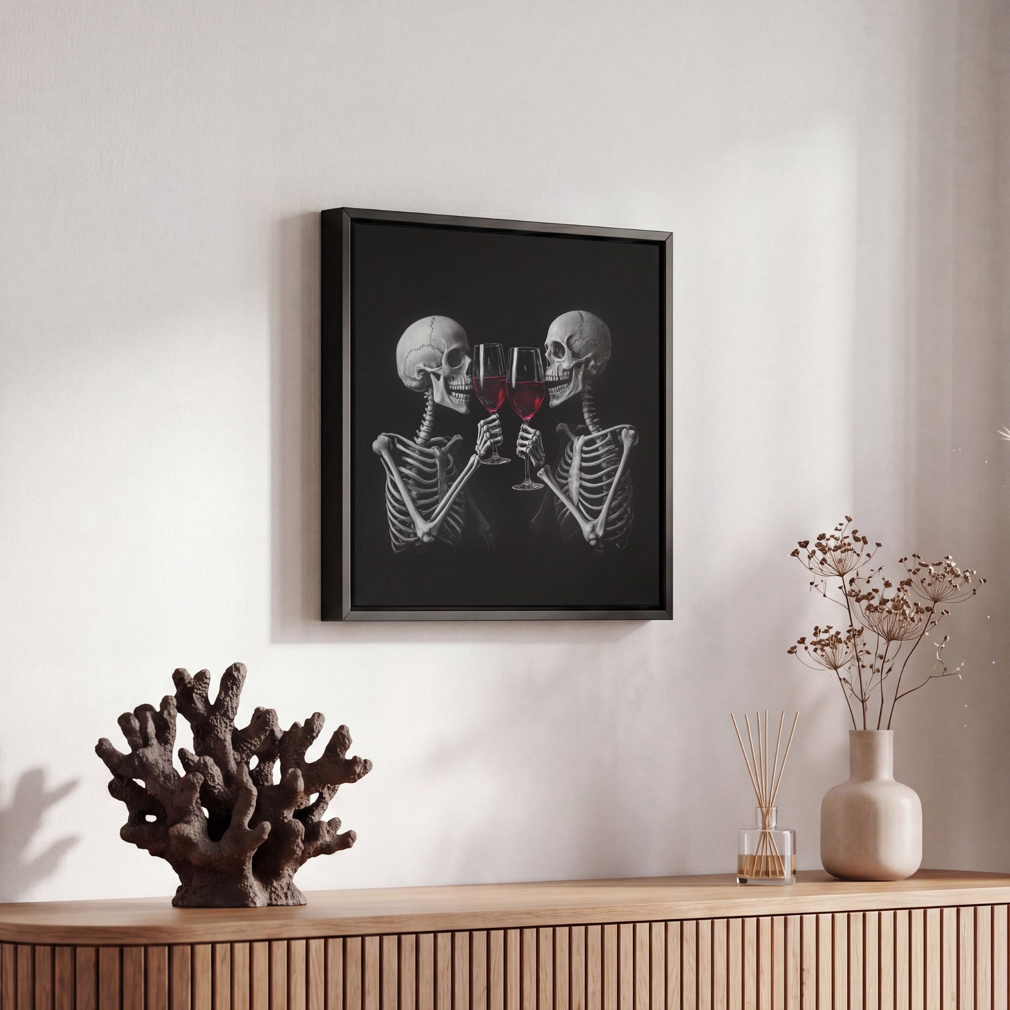 OneMillionCanvasses® Leinwandbild mit Rahmen - Skelette - Wein - Prost - Totenkopf - Schwarz, Fotodruck (1 St), Leinwand Bilder Klein, Wand Dekoration Aesthetic – Bild 5 von 5
