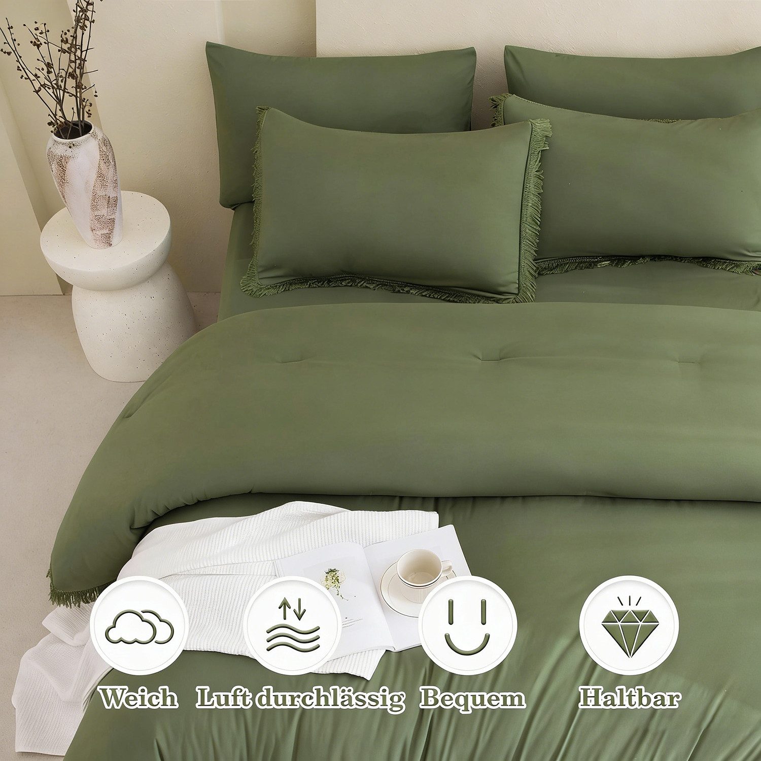 Fyrove Bettwäsche Boho Quasten Bettwäsche-Sets 135x200 200x200, für alle Jahreszeiten, Mikrofaser, 3 teilig, bettwäsche 135 x 200 sale einfarbig frühling sommer – Bild 5 von 5