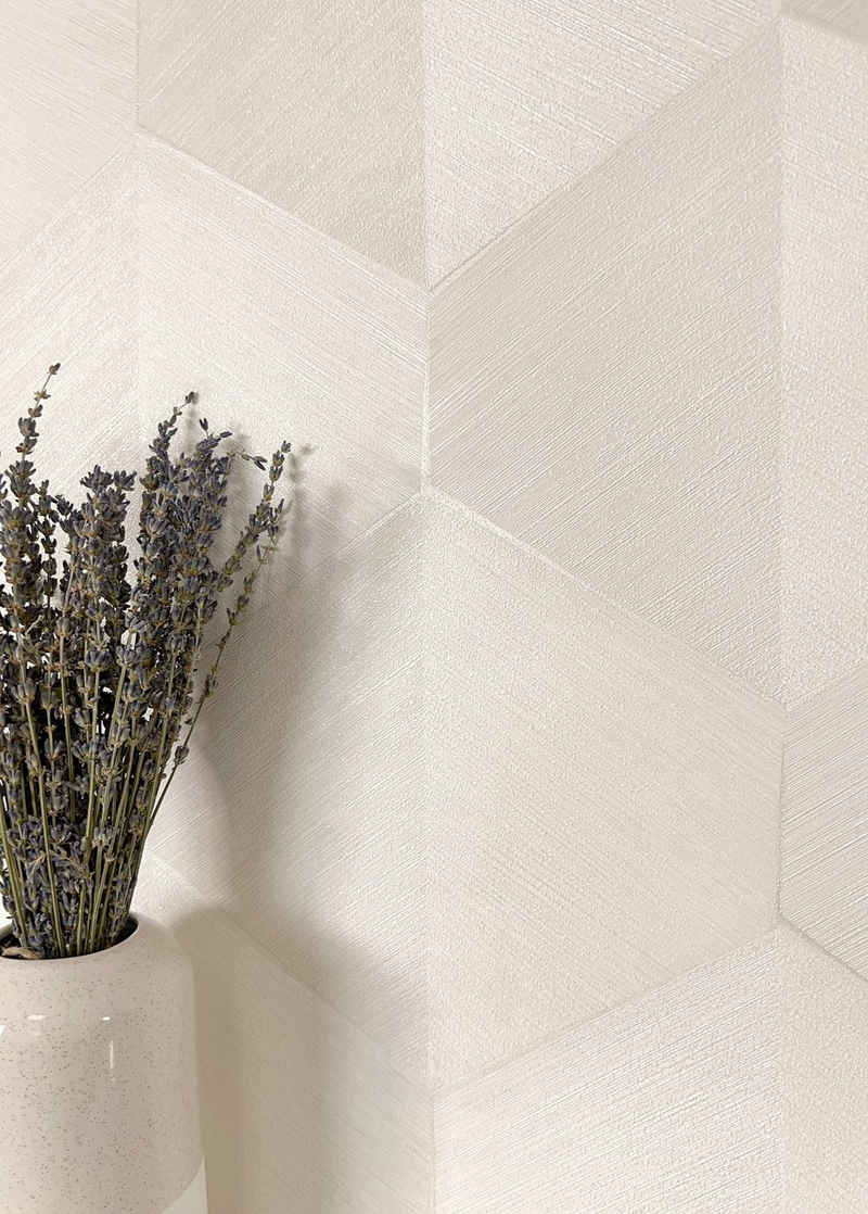 Newroom Vliestapete, Weiß Tapete Modern 3D-Optik - Mustertapete Streifentapete Creme Grafisch Geometrisch Raute Linien für Wohnzimmer Schlafzimmer Küche