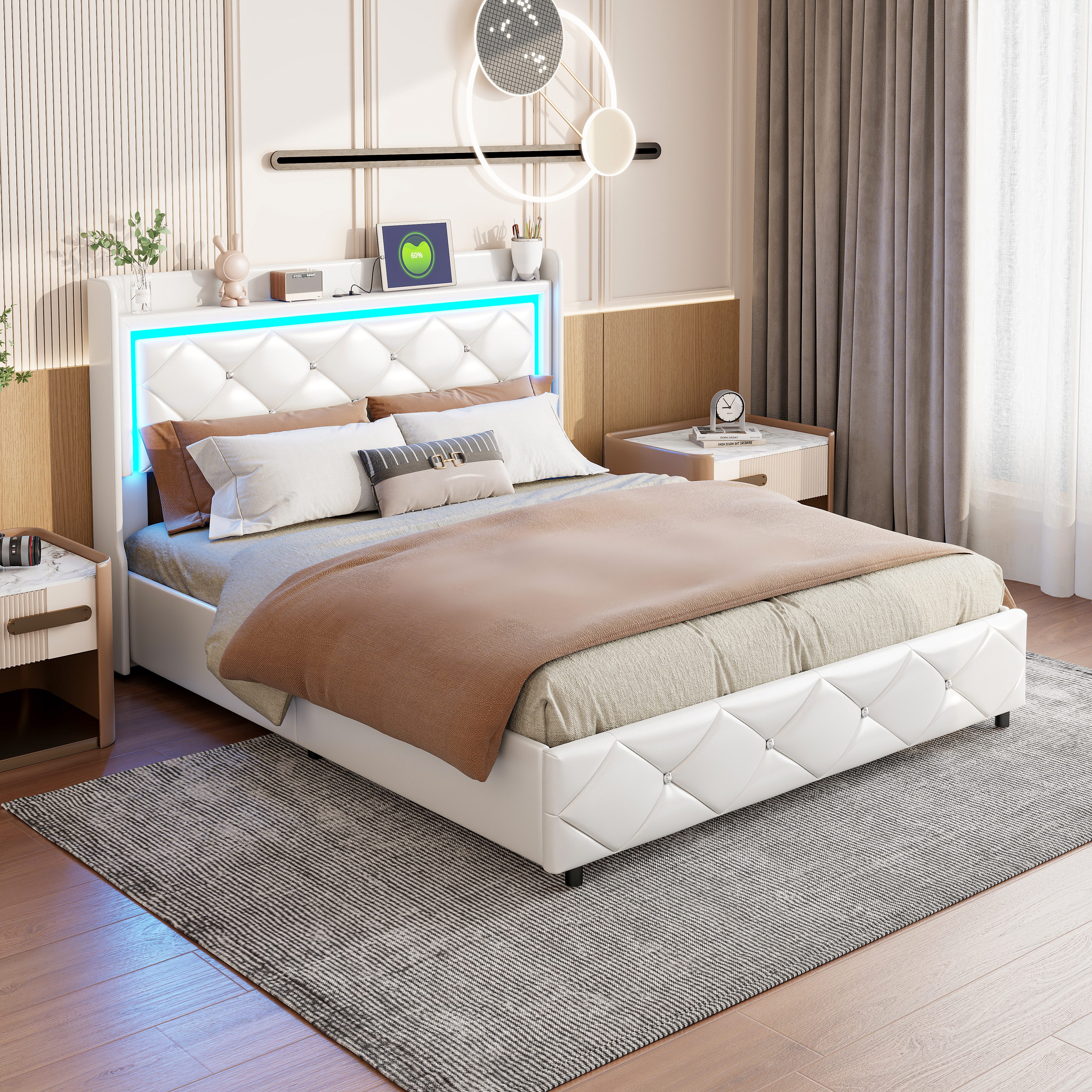 PXloue Bett Polsterbett LED Doppelbett (Kopfteil günstig online kaufen