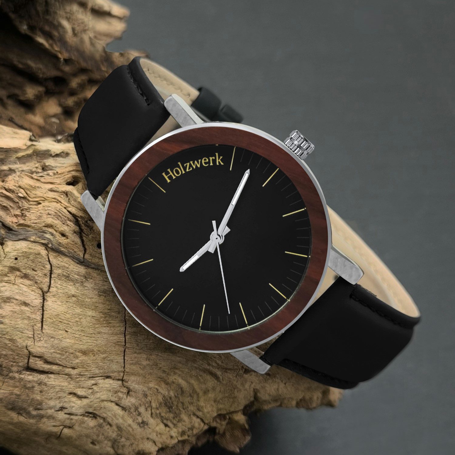 Holzwerk Quarzuhr FULDA Damen und Herren Leder & Edelstahl Holz Uhr, schwarz, braun FULDA