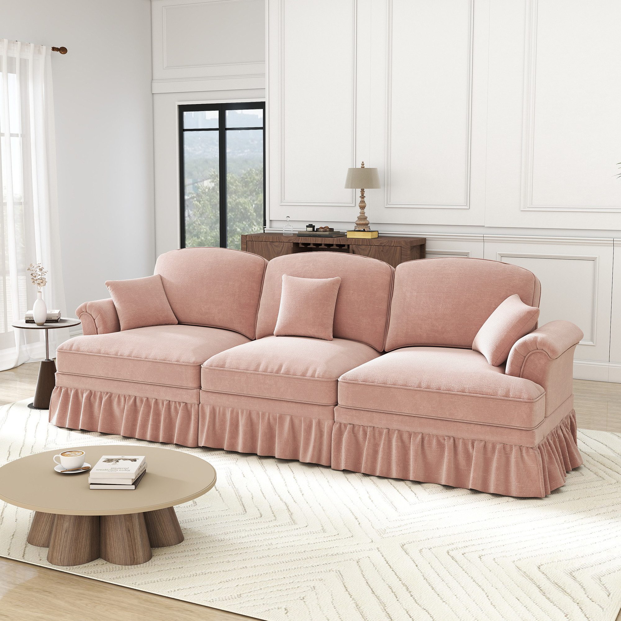 Odikalo Big-Sofa Ecksofa mit Schlaffunktion und Volant, Elegantes Mid-Century 2-3-4-5-Sitzer Sofa aus Chenille mit Trichter-Armlehnen, abnehmbarer Rüschenschürze & spindelförmigen Beinen – Komfortables Sofa fürs Wohnzimmer, Mehrfarbig