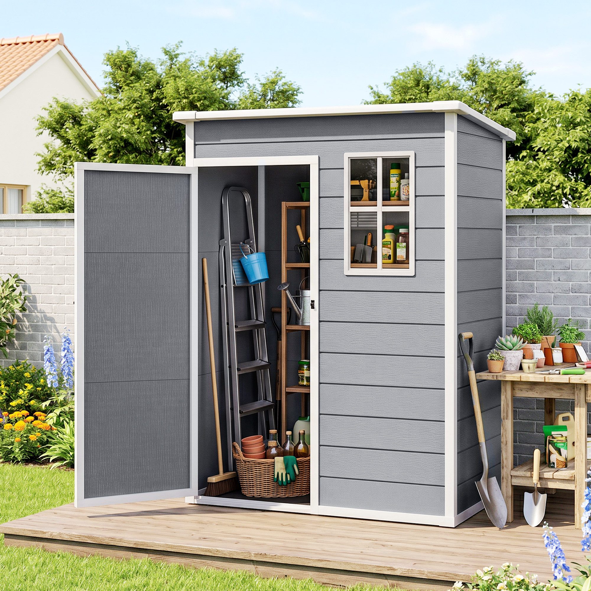 Outsunny Gerätehaus 1,14m² Gartenhaus mit Pultdach Boden wetterfest Kunststoff, BxT: 151x92 cm, (Geräteschuppen, 1 St., Gartenhaus), Werkzeugschuppen, verschließbar, Fenster, Grau