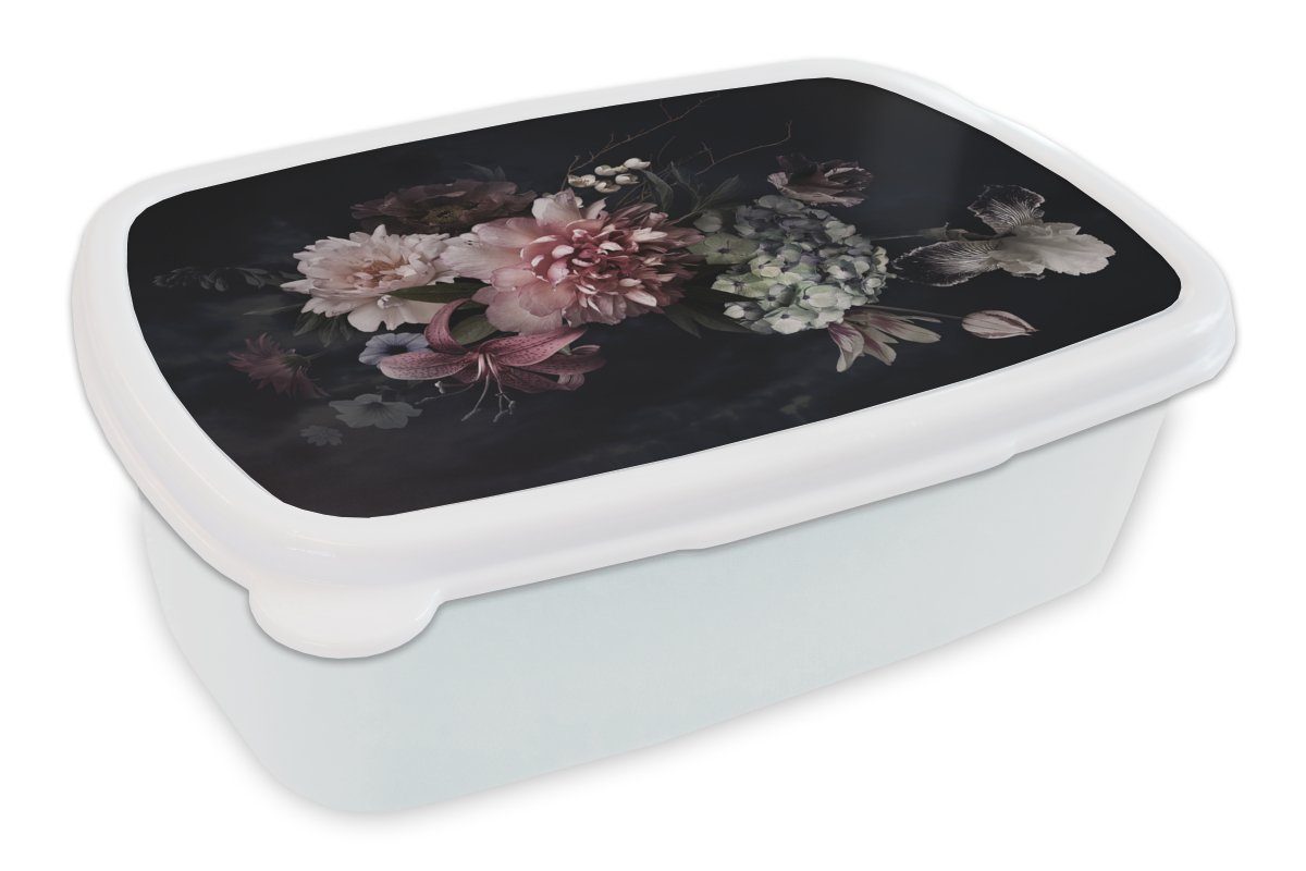 MuchoWow Lunchbox Blumen Pastell Jungs Brotdose, - Vintage Brotbox und - für weiß - Erwachsene, (2-tlg), Schwarz für und Mädchen Blumenstrauß, Kunststoff, - Kinder