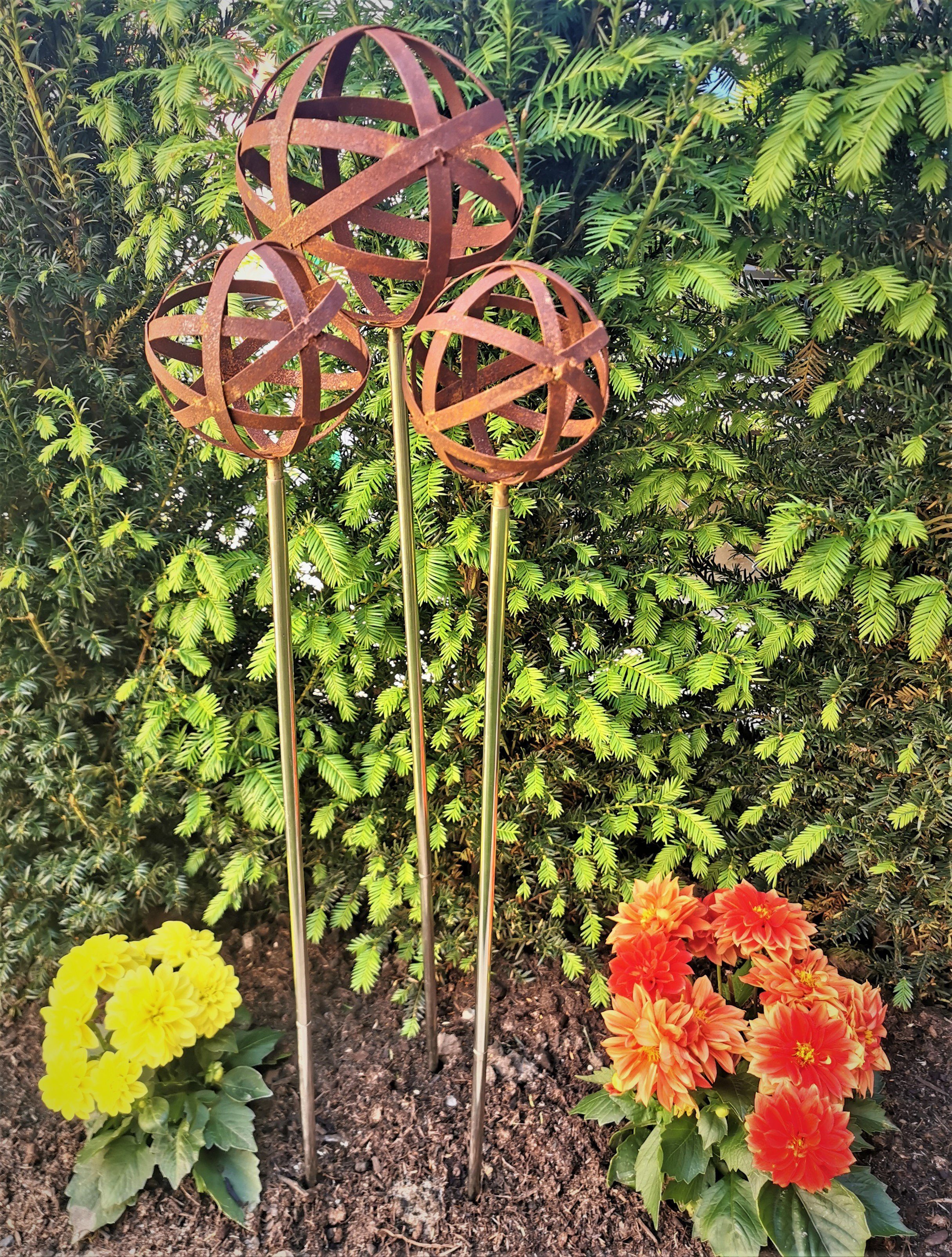 Jürgen Geflecht mit Stab Streifenkugel Roststahl 3er-Set Rosenkugel Garten-Ambiente Bocker Größen Gartenstecker cm verschiedene 80 Cortenstahl im Geflechtkugel