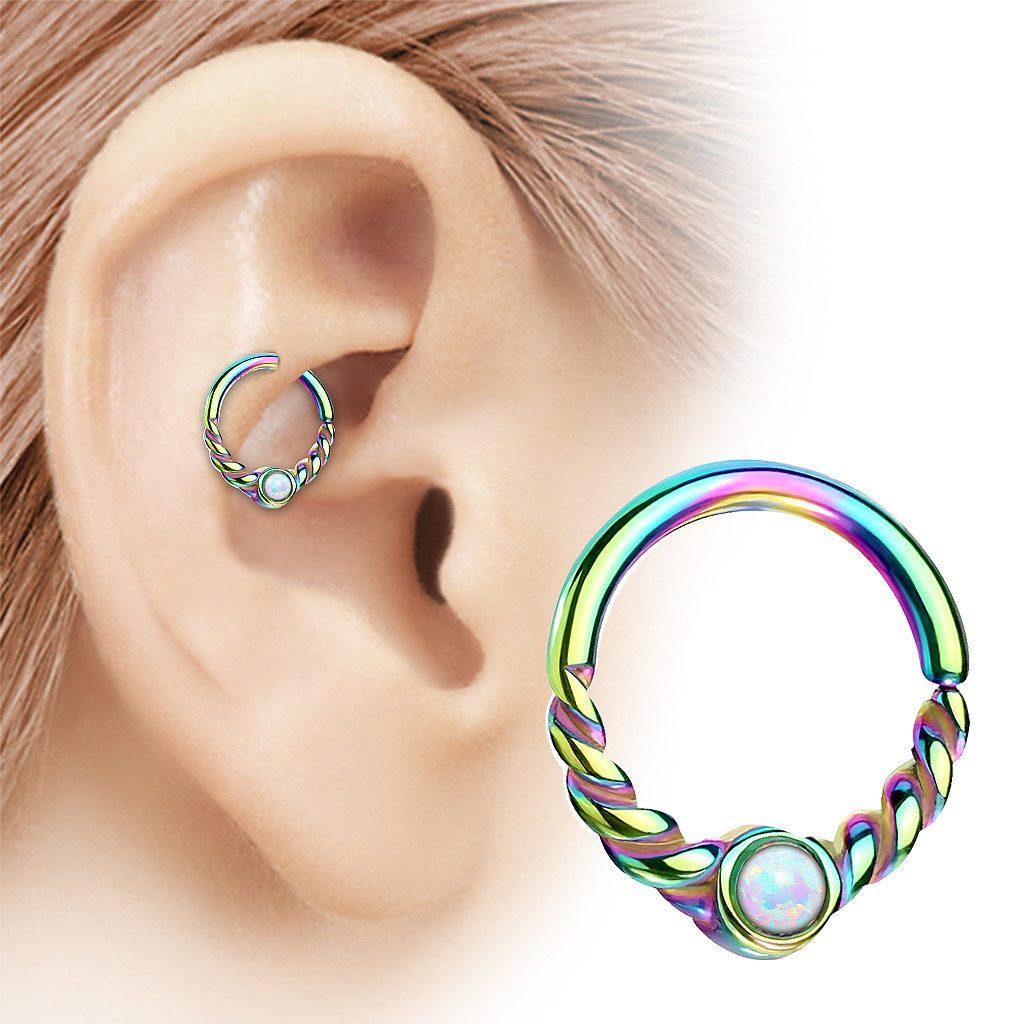 Taffstyle Nasenpiercing Septum Tragus Ring Oval geflochten mit Opal Rainbow Weiß 1,0mm x 8mm (Tragus Helix Orbital Brust Intim Piercing Ring Lippenbädchen Lippenpiercing), Piercing Continuous Ohr Nasen Nasenpiercing Nase Ohrpiercing Cartilage