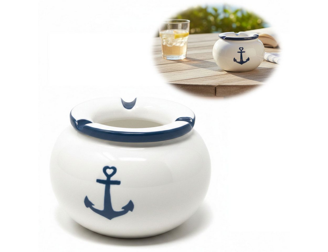 LS-LebenStil Aschenbecher Sturmaschenbecher Anker 10x7,5cm Maritim Weiß Blau mit Deckel, Windaschenbecher Ashtray Tischaschenbecher Garten Balkon Deko
