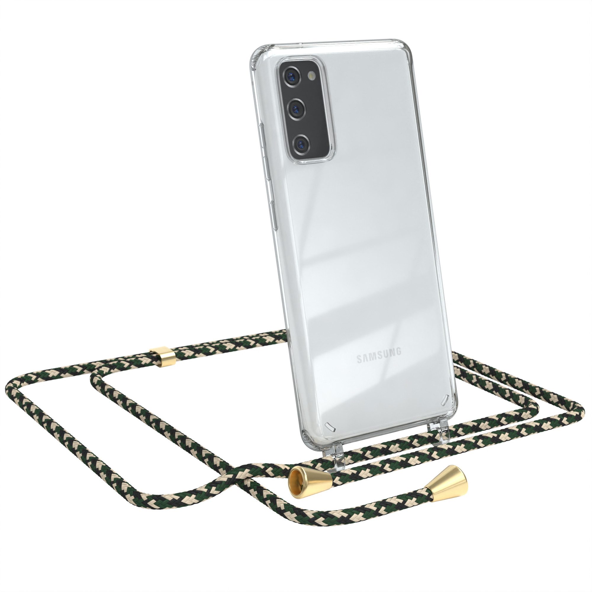 EAZY CASE Handykette Hülle mit Kette für Samsung Galaxy S20 FE / 5G 6,5 Zoll, Handykette zum Umhängen Hülle mit Kordel Rundes Band Grün Camouflage