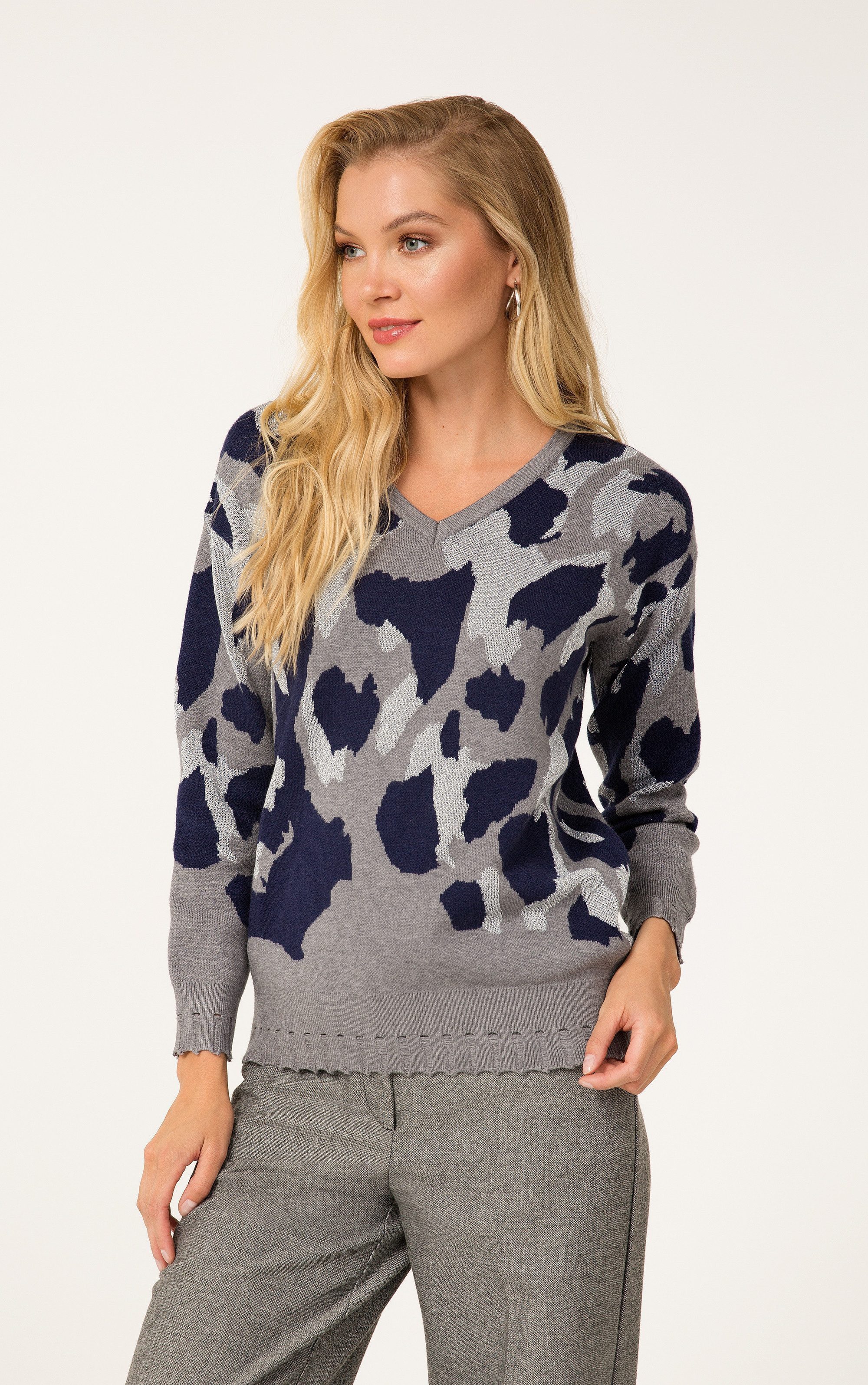 Passioni Strickpullover mit V-Ausschnitt und Animalprint günstig online kaufen