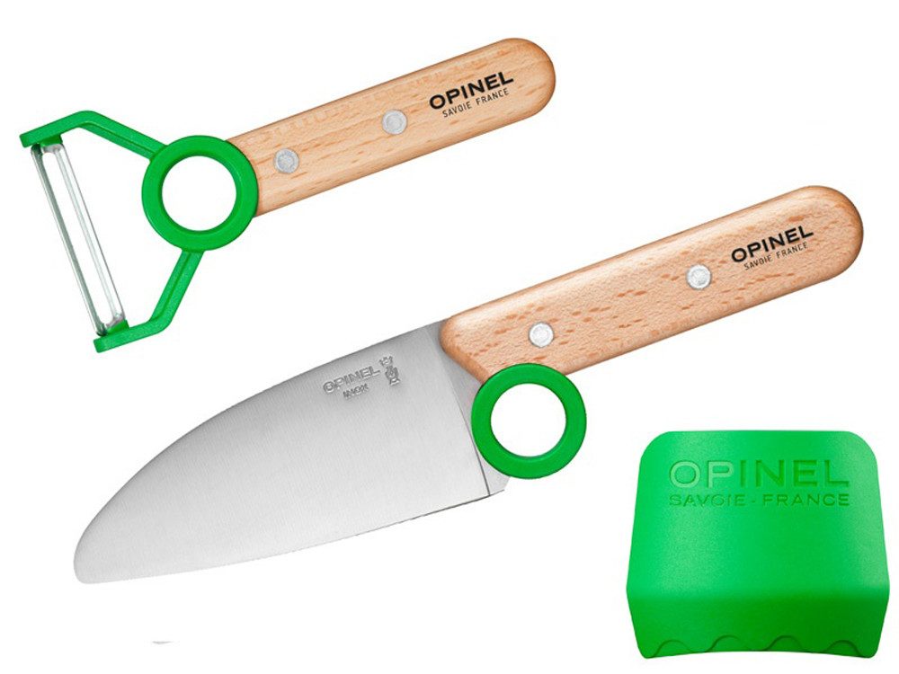 Opinel Messer-Set in den Farben rot, grün und dunkelblau erhältlich (Kochmesser + Sparschäler + Kunststoff-Schneidhilfe), Opinel Le Petit Chef, 3-teiliges Kinder Küchenmesser-Set