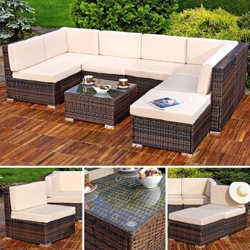 Feel2Home Gartenlounge-Set Gartensitzgruppe Terrassenmöbel Polyrattan Lounge versch. Farben, (8-tlg., 1x Mehrteiliger Sofa 1x Ottomane 1x Tisch), Kissen inkl. Reißverschluss daher abnehm- und waschbar