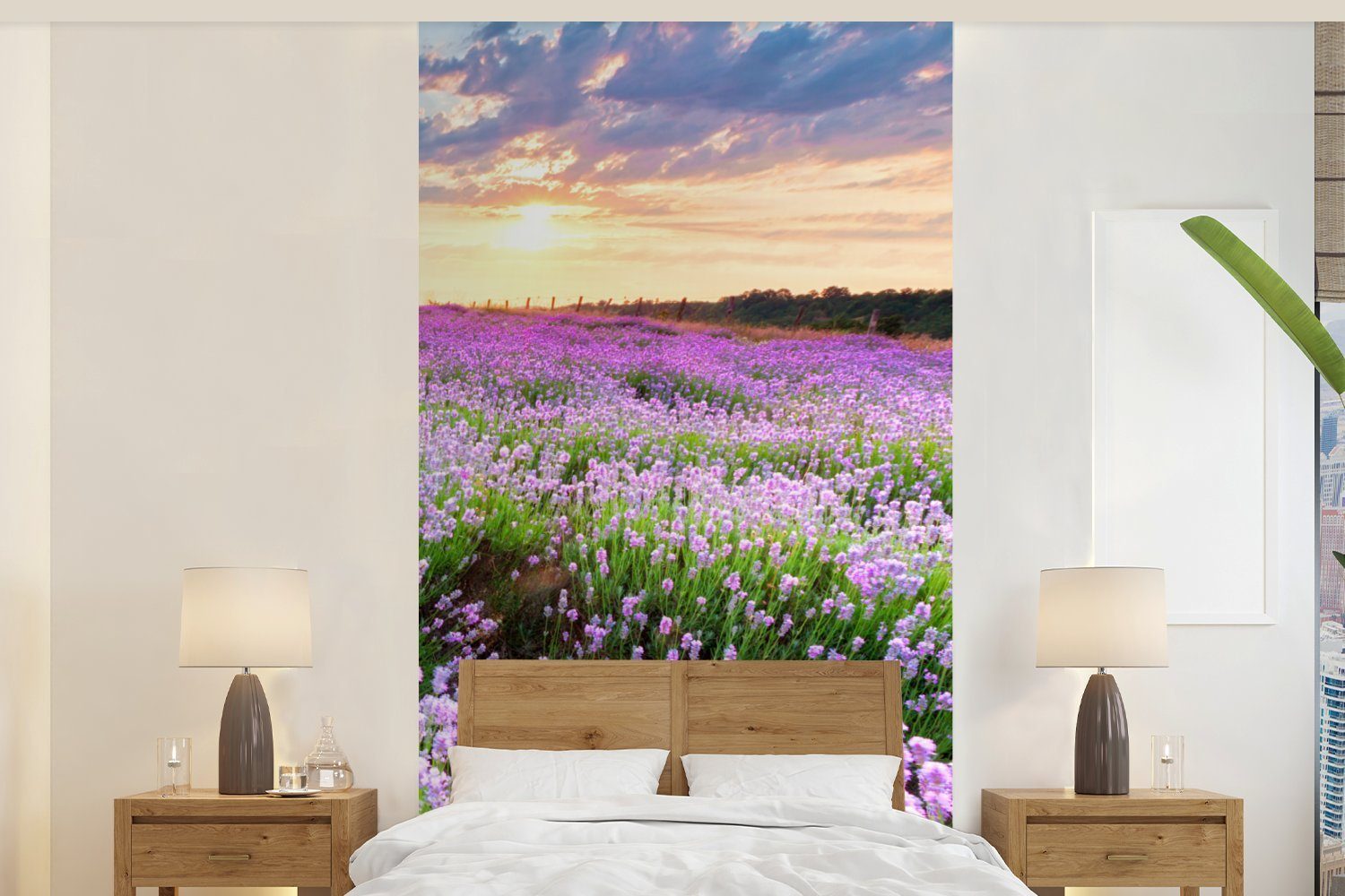 MuchoWow Fototapete Lavendel - Blumen - Sonnenuntergang - Lila - Wiese, Matt, bedruckt, (2 St), Vliestapete für Wohnzimmer Schlafzimmer Küche, Fototapete