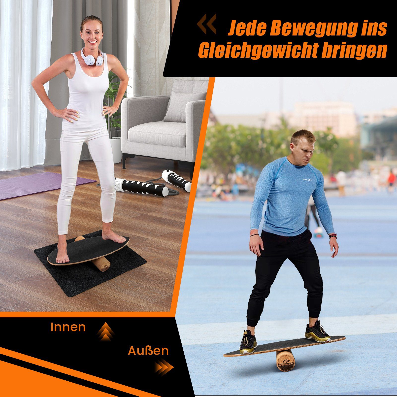 COSTWAY Balanceboard, aus Holz, für zuhause, inkl. Korkrolle, bis 227kg