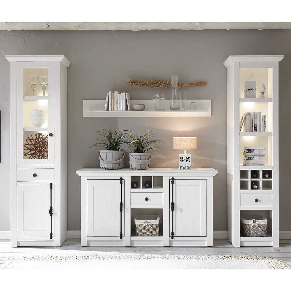 Lomadox Wohnwand WINGST-61, (4-St), Landhaus -Set in Pinie weiß Nb. inkl. Beleuchtung B/H/T 293x207x45cm