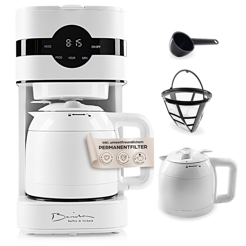Barista Filterkaffeemaschine mit Thermokanne LED-Display 900W Edelstahl, 24h Timer & Permanentfilter, Für 8 Tassen Kaffee
