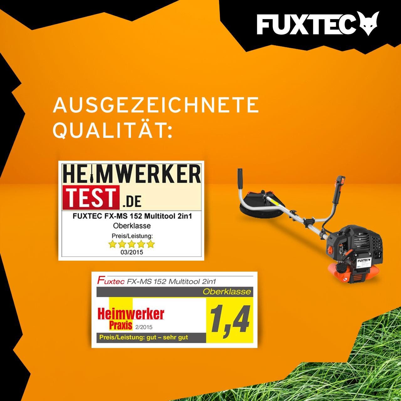 FUXTEC Benzin-Motorsense FX-MS152, 44 cm Arbeitsbreite Messer, 3PS, 52ccm, 32cm Schnittbreite, Zweihandgriff, Profi-Komfort-Tragegurt